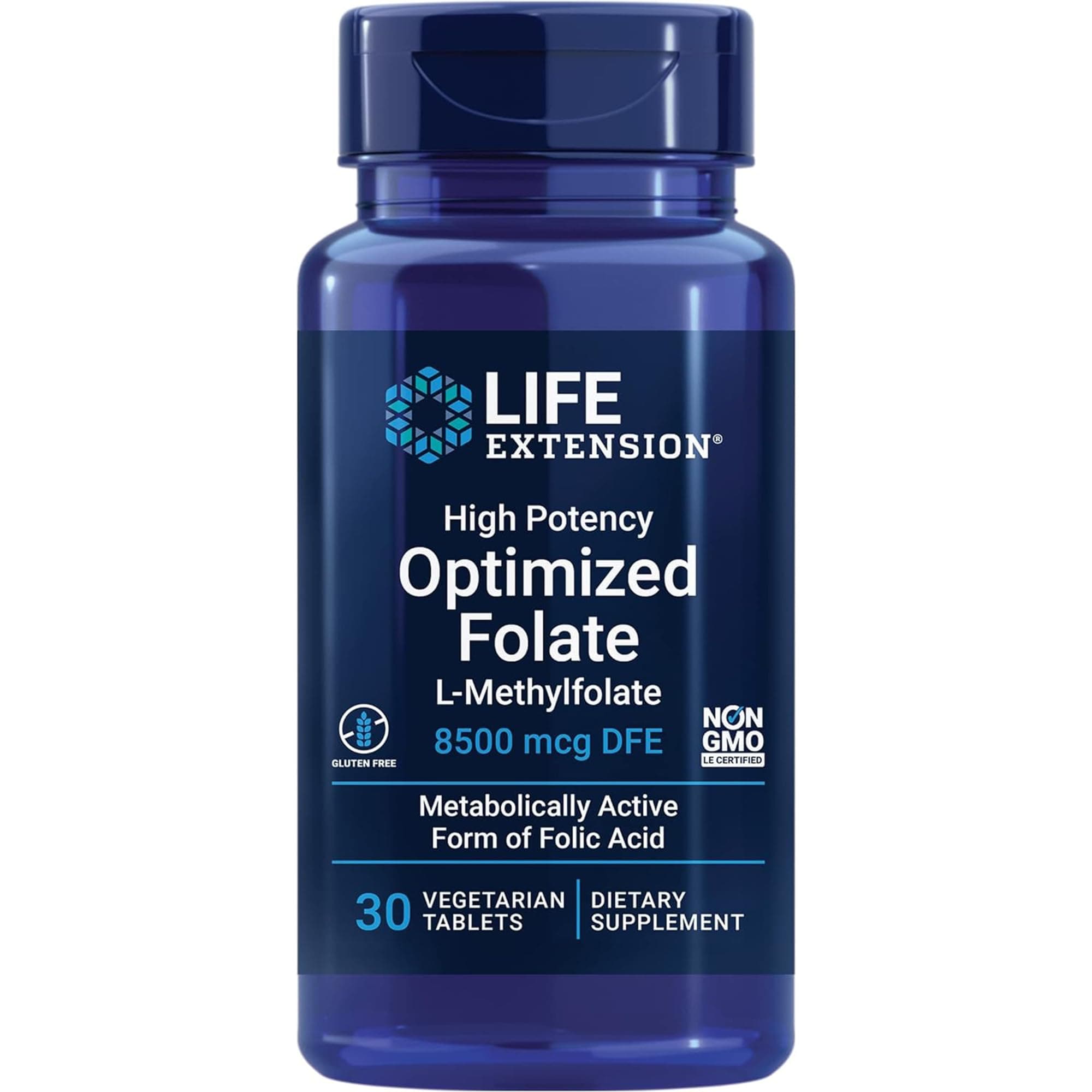 Life Extension, High Potency Optimised Folate, 5-MTHF, 8500mcg DFE, Depot, 1 Tablet Every 7 Days, High-Dose, 30 Vegan Tablets, Lab-Tested, Vegetarian, Gluten-Free, Soy-Free, GMO-Free