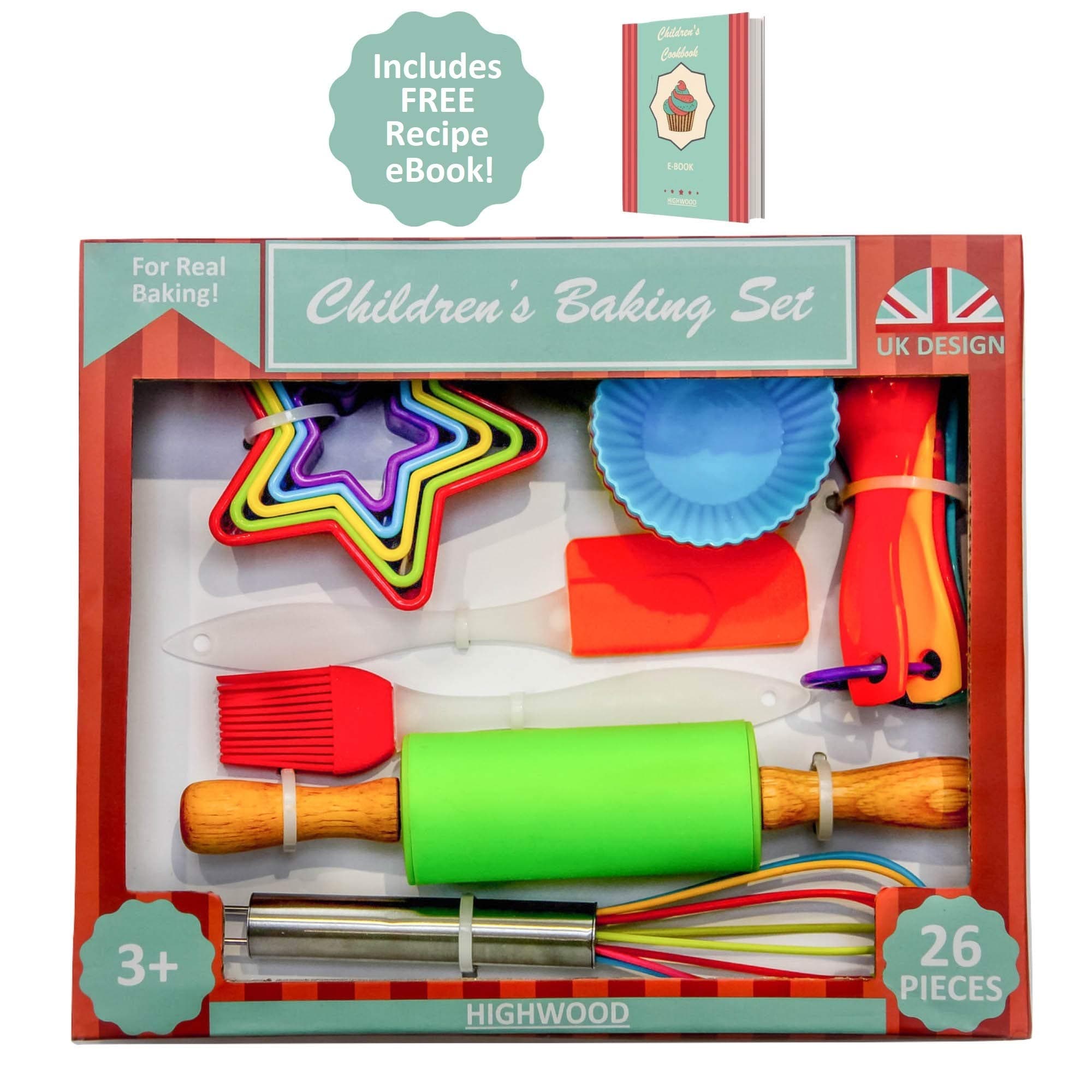 Kids Baking Set Cooking Bakeware 26 Piece BPA Free Real Baking and Cooking Utensils Cookie Cupcake Gift Set for Children with Recipe eBook by Highwood