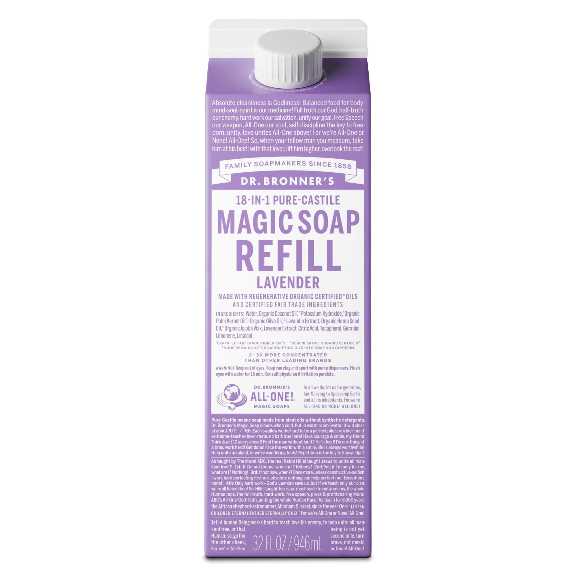 Pure-Castile Liquid Magic Soap Refill - Made with Regenerative Organic Certified Oils, 86% Less Plastic per Quart - 18-in-1 Uses for Face, Body Wash, Hand Soap Refill- Lavender, 32oz