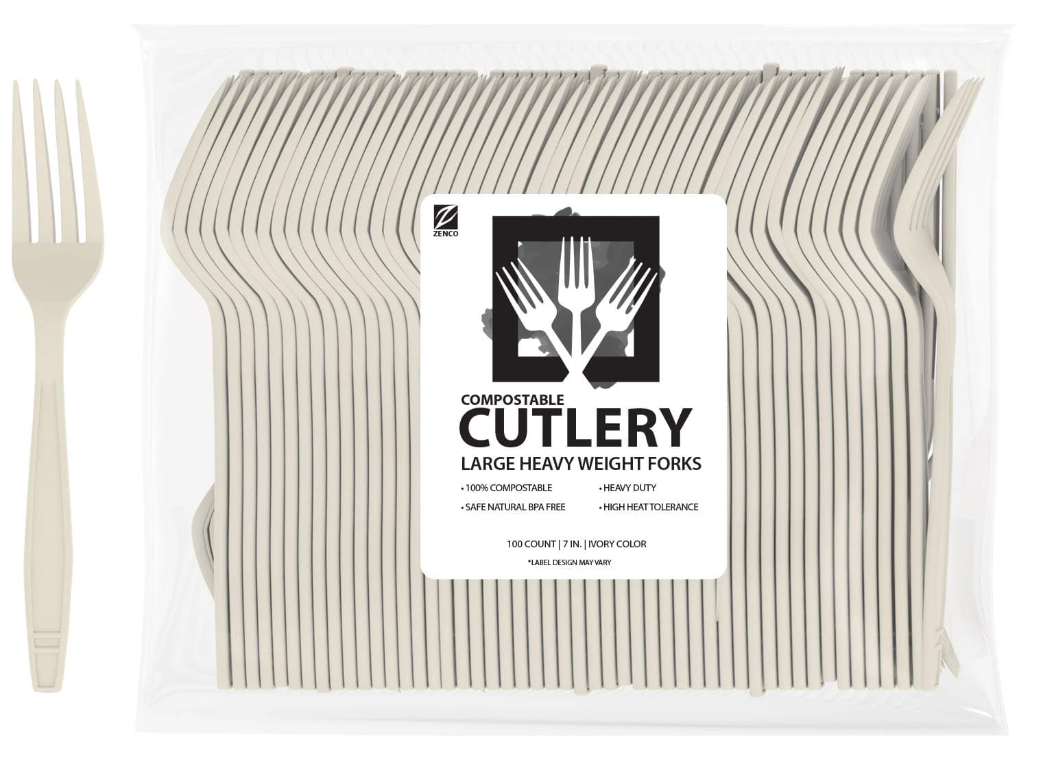 ZenCo Biodegradable Compostable Disposable Cutlery - 100 Forks Large 7.0" Ivory - Heavy Duty Heat Resistant Eco Friendly Utensils for Office, Catering, Picnics or Birthdays (100 Count, Forks)
