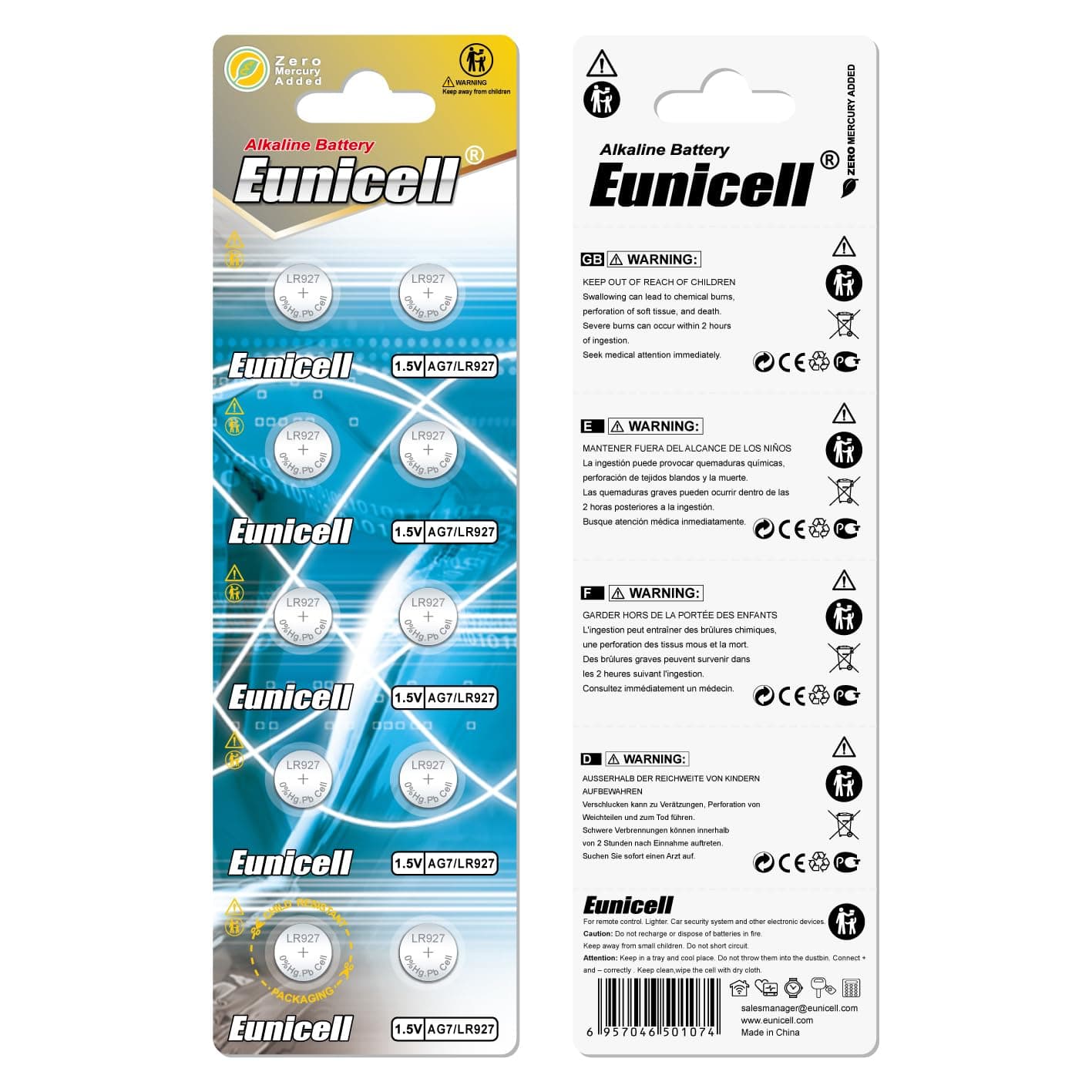 Eunicell 10 x AG7 Alkaline button cell batteries - G7 LR57 LR57SW LR926 LR926SW SR926W L926E LR927 LR927SW 395 399