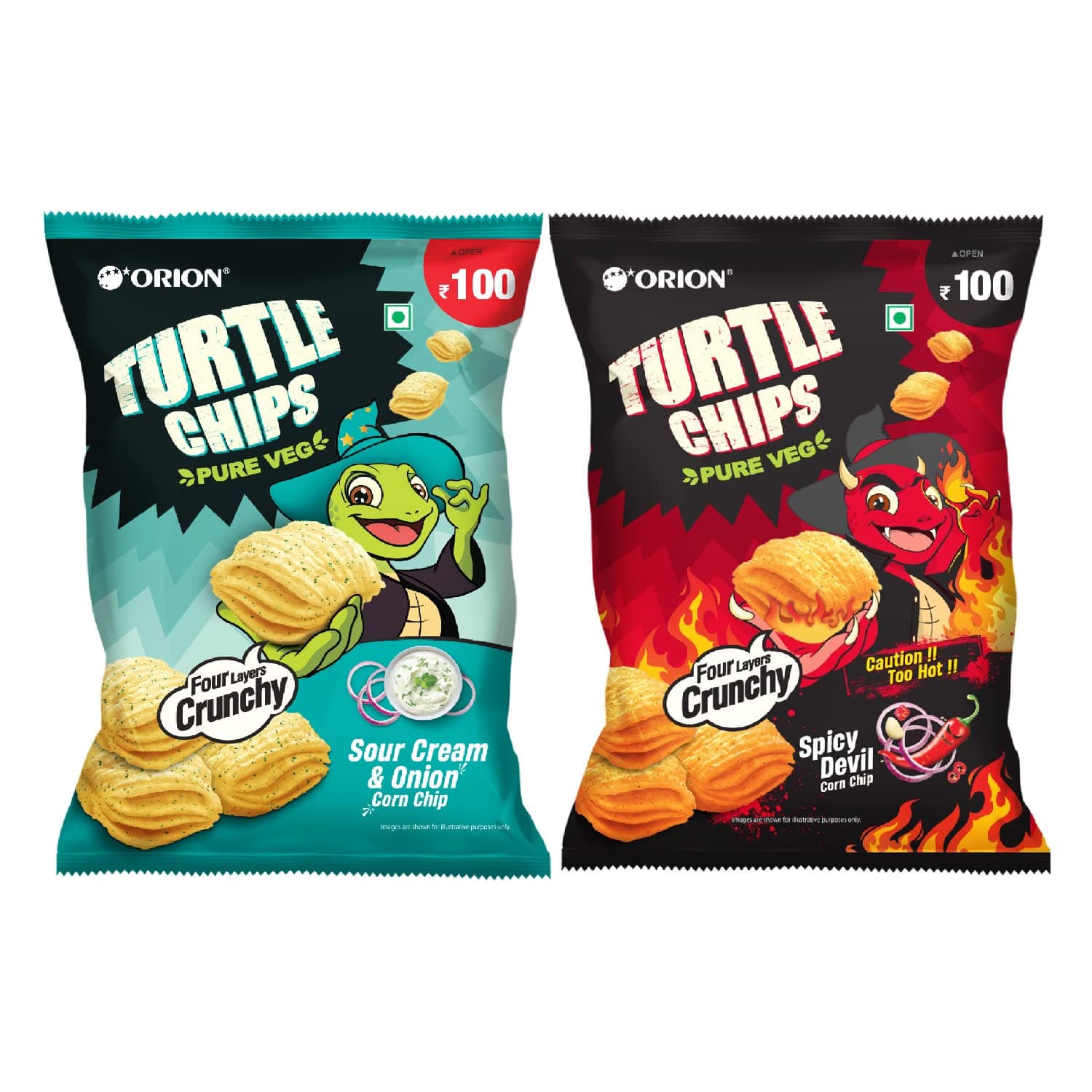 Orion Turtle Chips Party pack (Pack of 2) - Sour cream n onion & Spicy Devil flavors|100% veg|Korean snacks - 115 gm (Pack of 2)