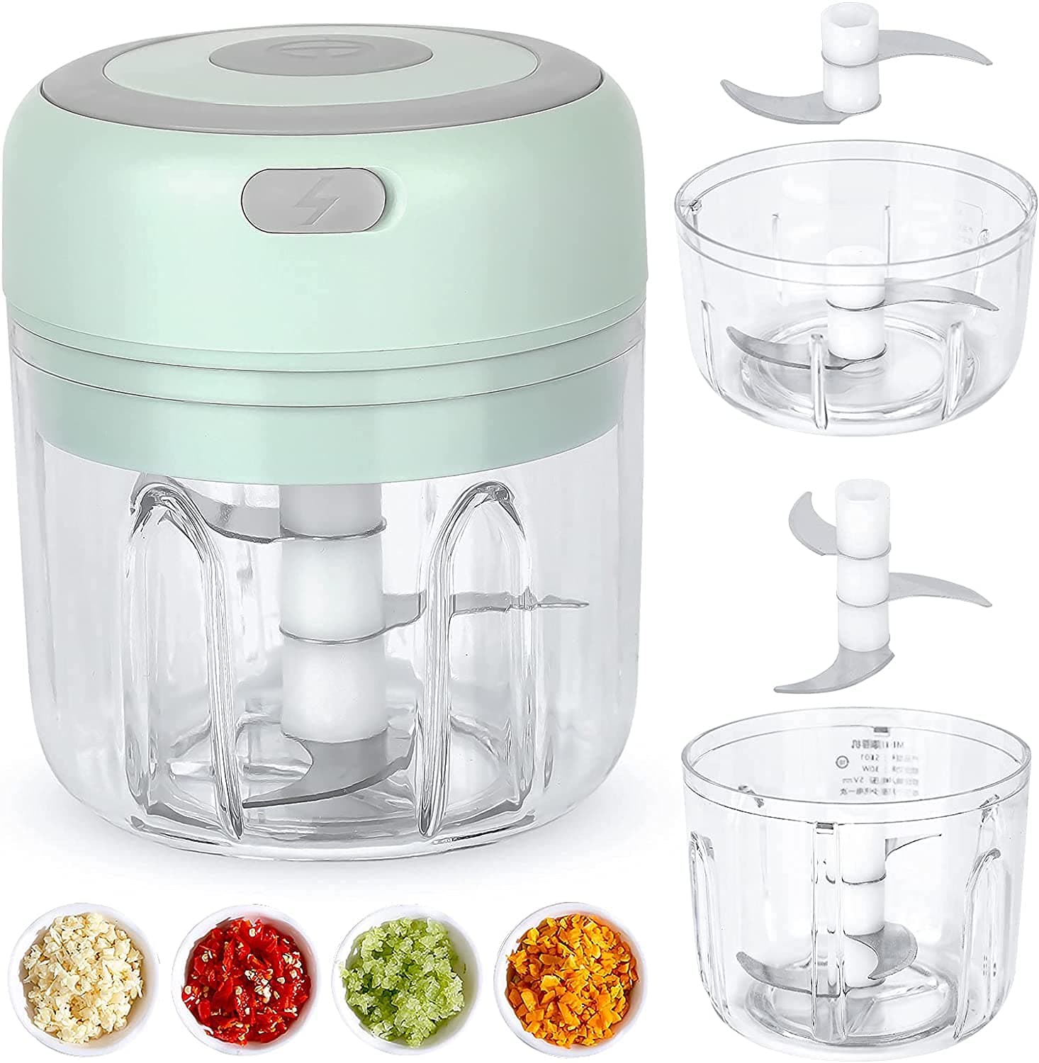 Electric Chopper, USB Charging, 2 cups 250ml+100ml, Food Processor for Garlic, Puree, Onion, Herb, Veggie, Ginger, Mincing Meat, Fruit, Easy Cleaning Waterproof