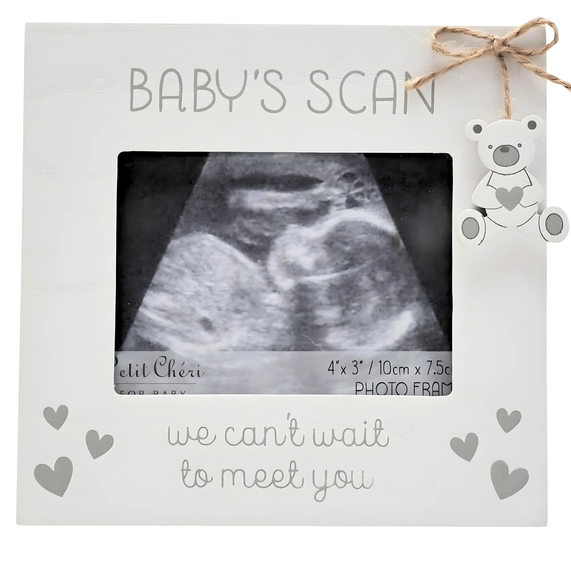 Widdop and Co Baby Scan Frame - White with Grey Hearts & Hanging Bear Charm - 'We Can't Wait To Meet You’ - 4" x 3"