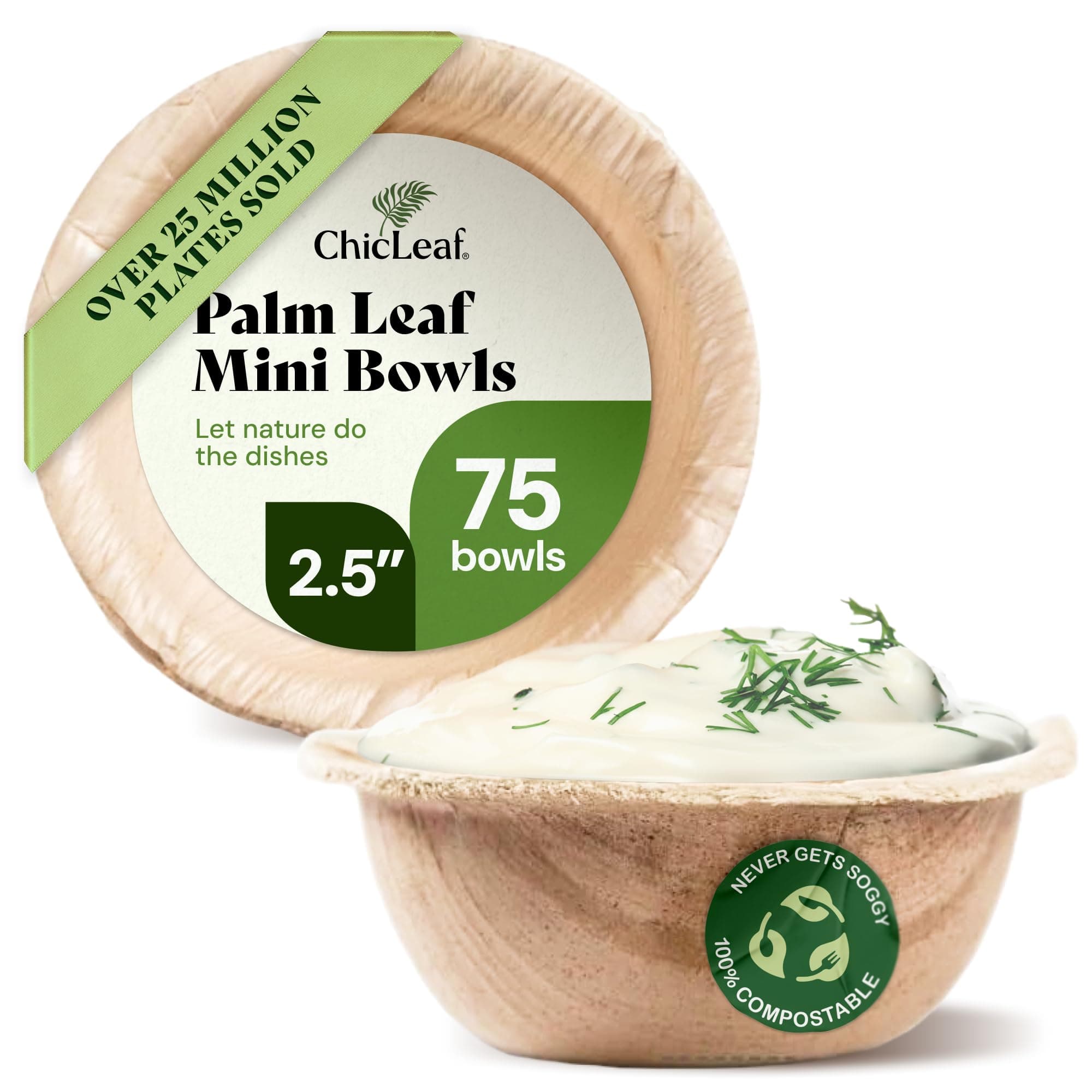 Chic Leaf 100% Compostable Mini Palm Leaf Bowls Like Bamboo Disposable Bowls - 2.5 inch Round (75 pc) - Condiments & Sauces Dipping - Biodegradable for Charcuterie and Catering