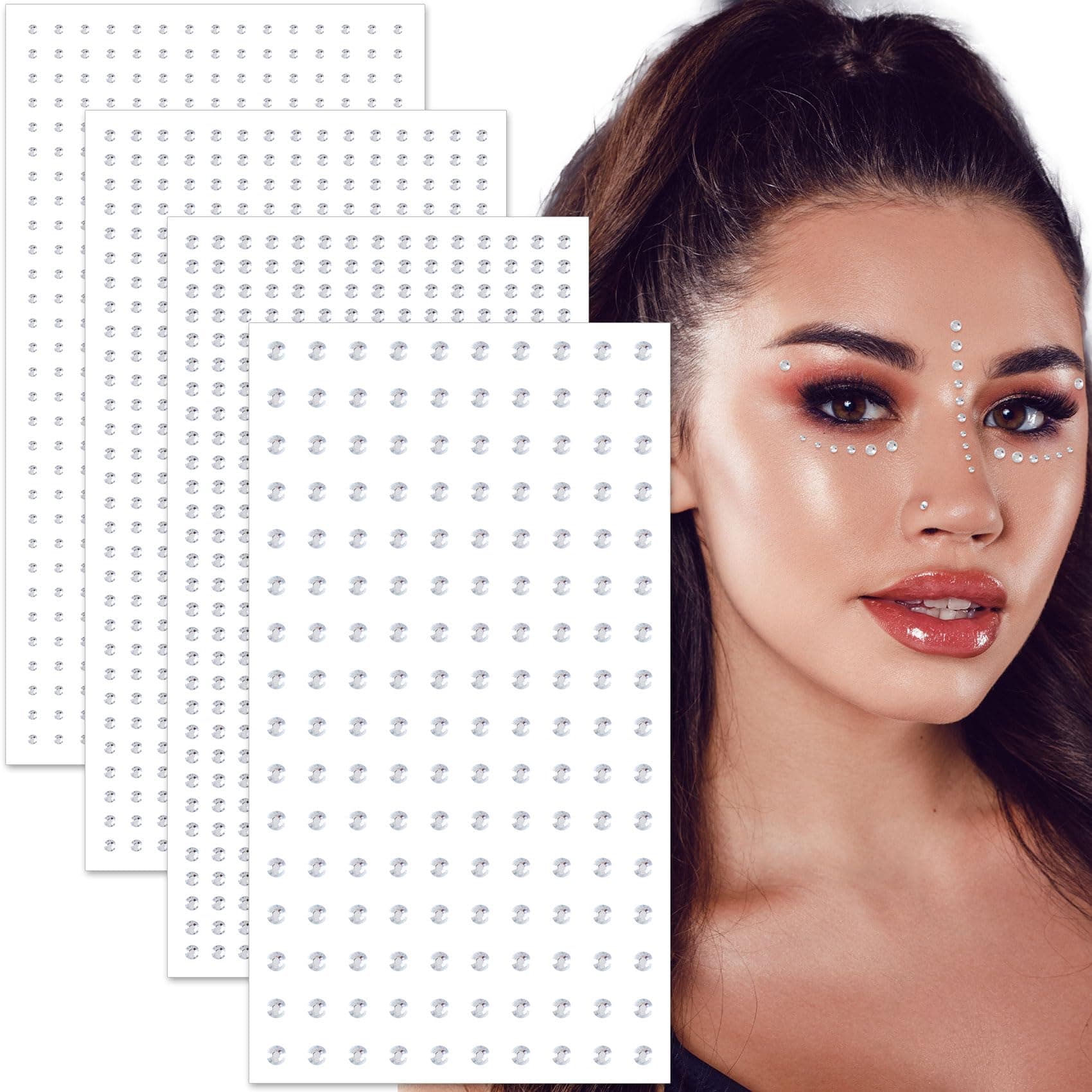 OIIKI 4 Sheets Mini Gems Stickers for Nose, Ear, Eyes, Face Jewels Stick on, Adhesive Rhinestone Makeup for Festivals, Parties, Daily Use for Women, Girls (2mm, 2.5mm, 3mm, 4mm, Silver)