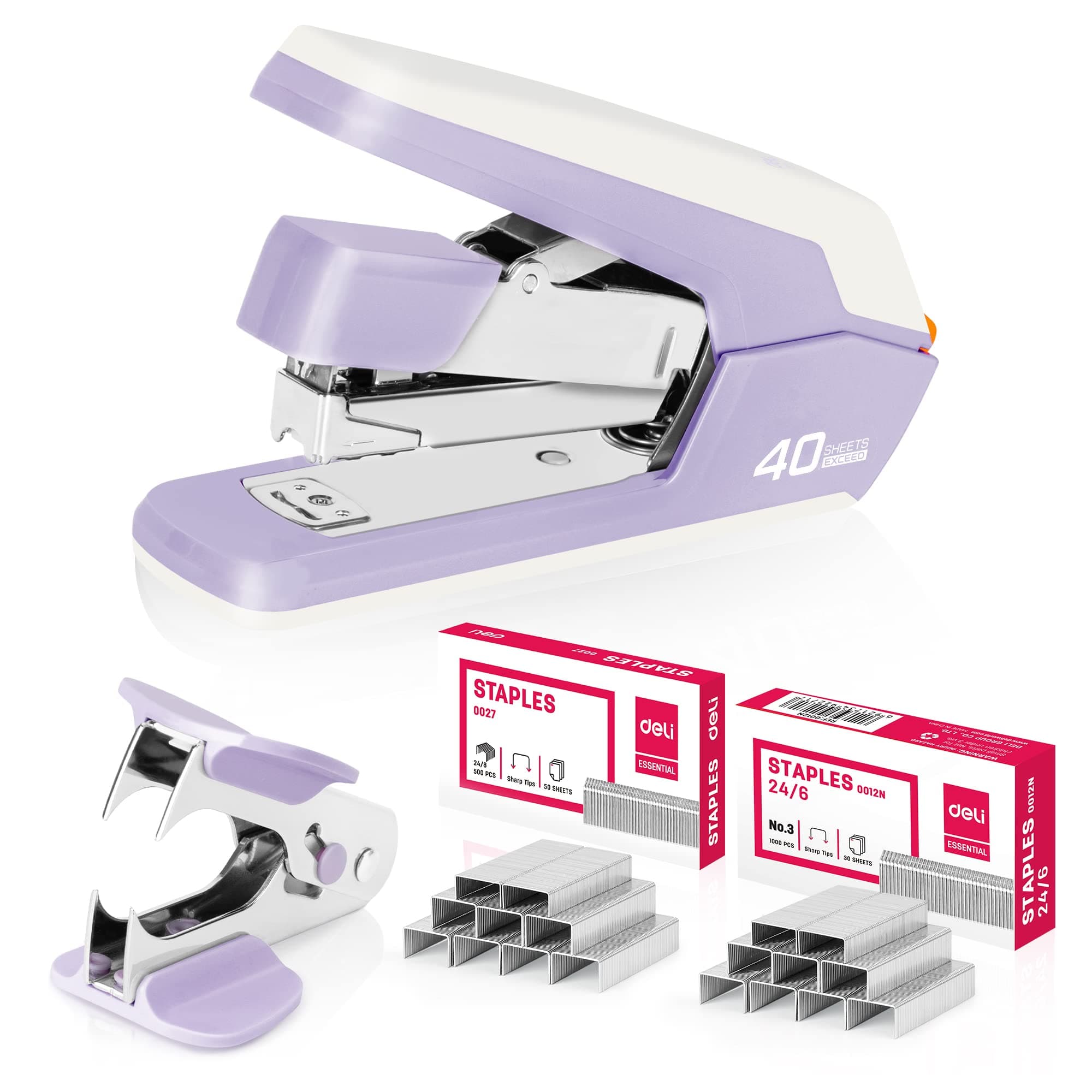 Deli Effortless Desktop Stapler, Heavy Duty Stapler, 40-50 Sheet Capacity, One Finger, No Effort, Includes 1500 Staples & Staple Remover, Violet