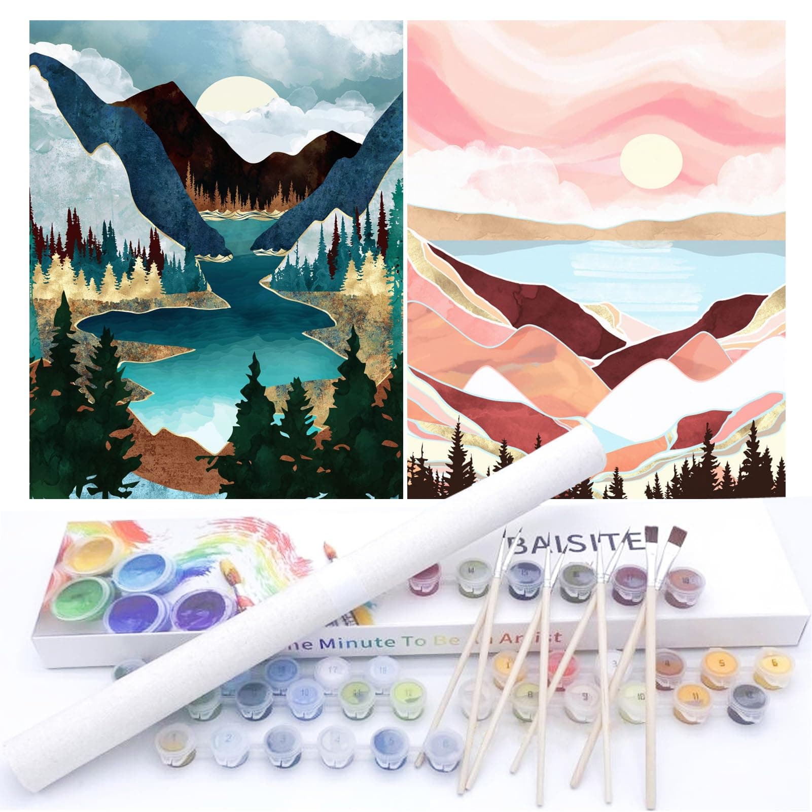 BAISITE Paint by Numbers Kit for Adults Beginners,12" Wx16 L 2 Pack Canvas for Painting Kits for Adults in Colorful Box-Sunset Lake Mountains1112