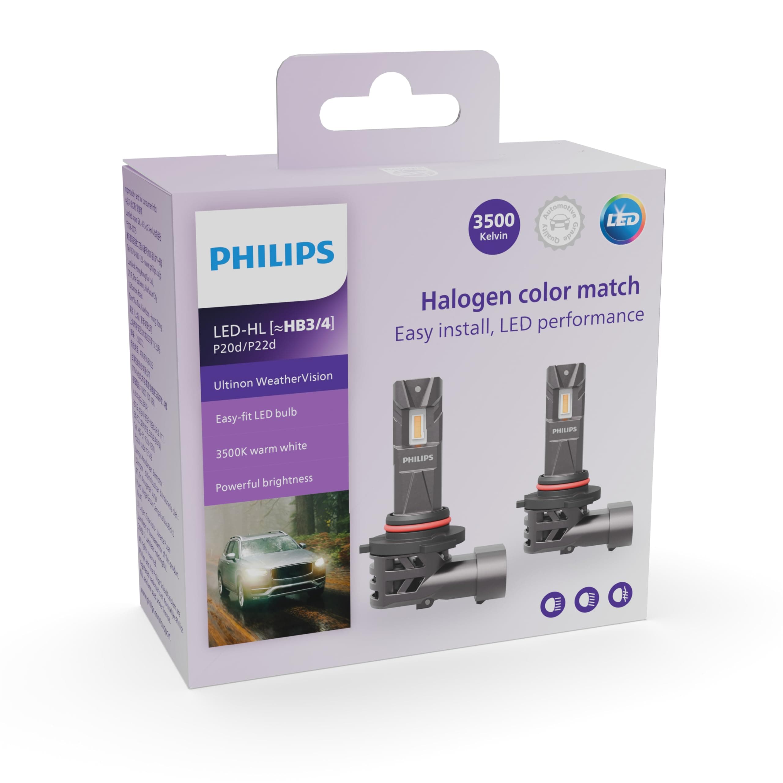Philips WeatherVision LED car headlight bulb (HB3/HB4), ultra-compact direct-fit, Halogen color match, easy install, LED performance, 3500K, set of 2