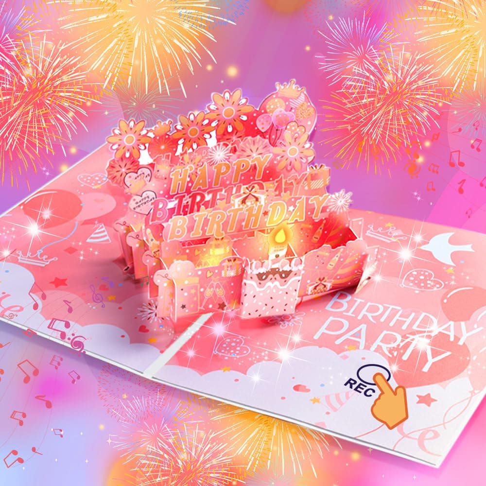 Birthday Cards with Recording Function Fireworks 3D Pop Up Blowable LED Candle Birthday Cake Light and Music Happy Birthday Greeting Cards Gift for Women Mom Sisters Grandma Kids Wife