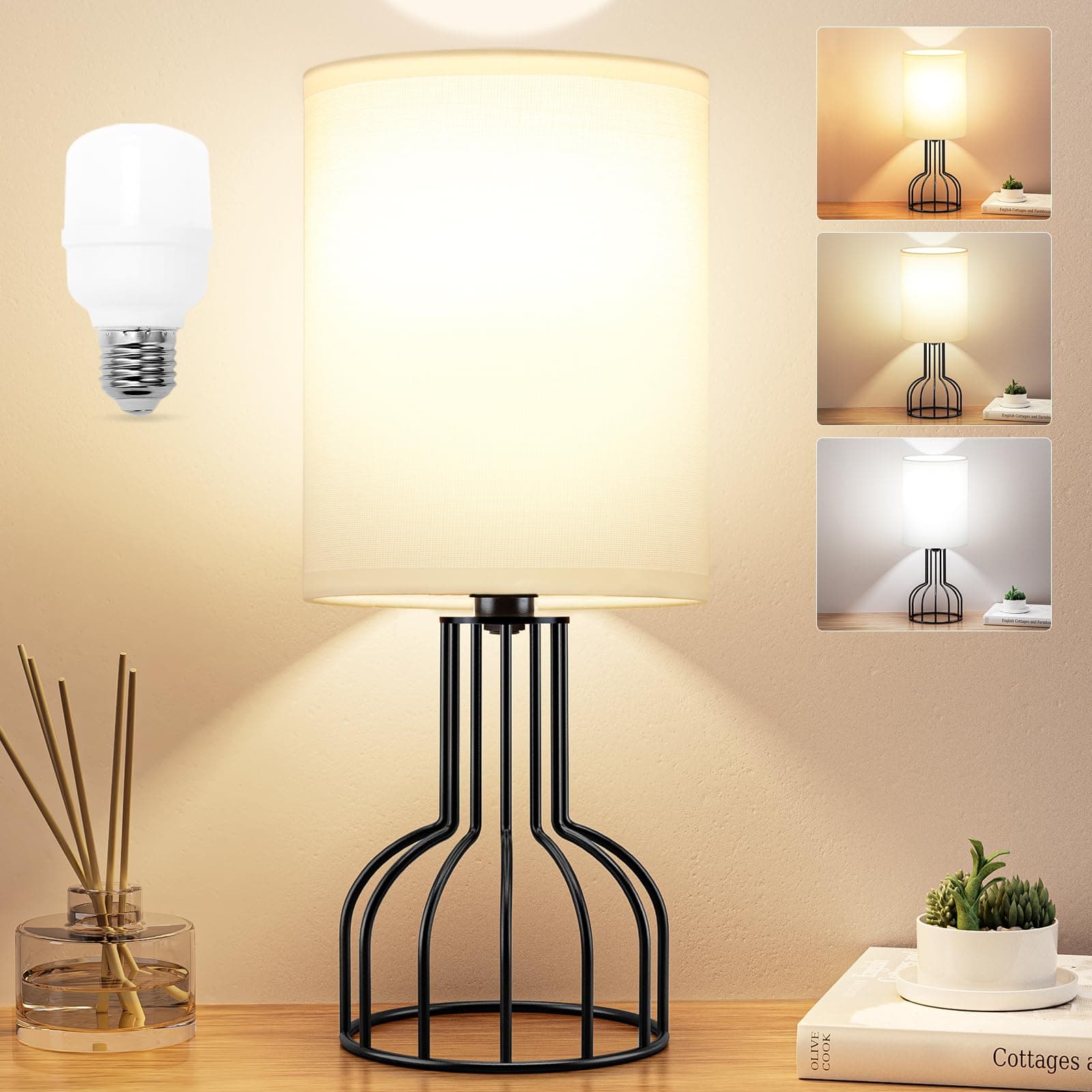 Bedside Table Lamp with 3 Color Modes-3000K-4000K-5000K Nightstand Lamp with Simple Black Metal Base and White Fabric Shade for Kids, Living Room,Bedroom (LED Bulb Included)