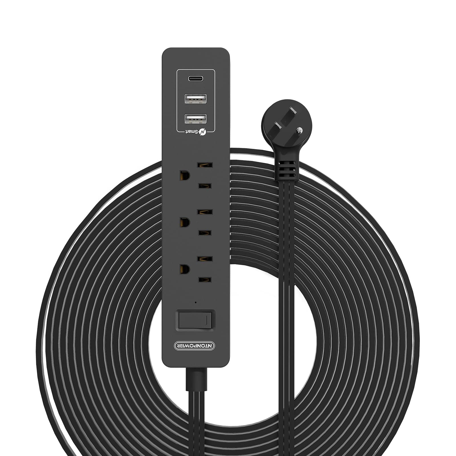 Flat Extension Cord 15 Ft, NTONPOWER Ultra Thin Flat Extension Cord Under Carpet, Rug, Door, Wall Mount Power Strip Flat Plug with 4 Outlets 3 USB(1 USB-C), Overload Protection for Home Office, Black
