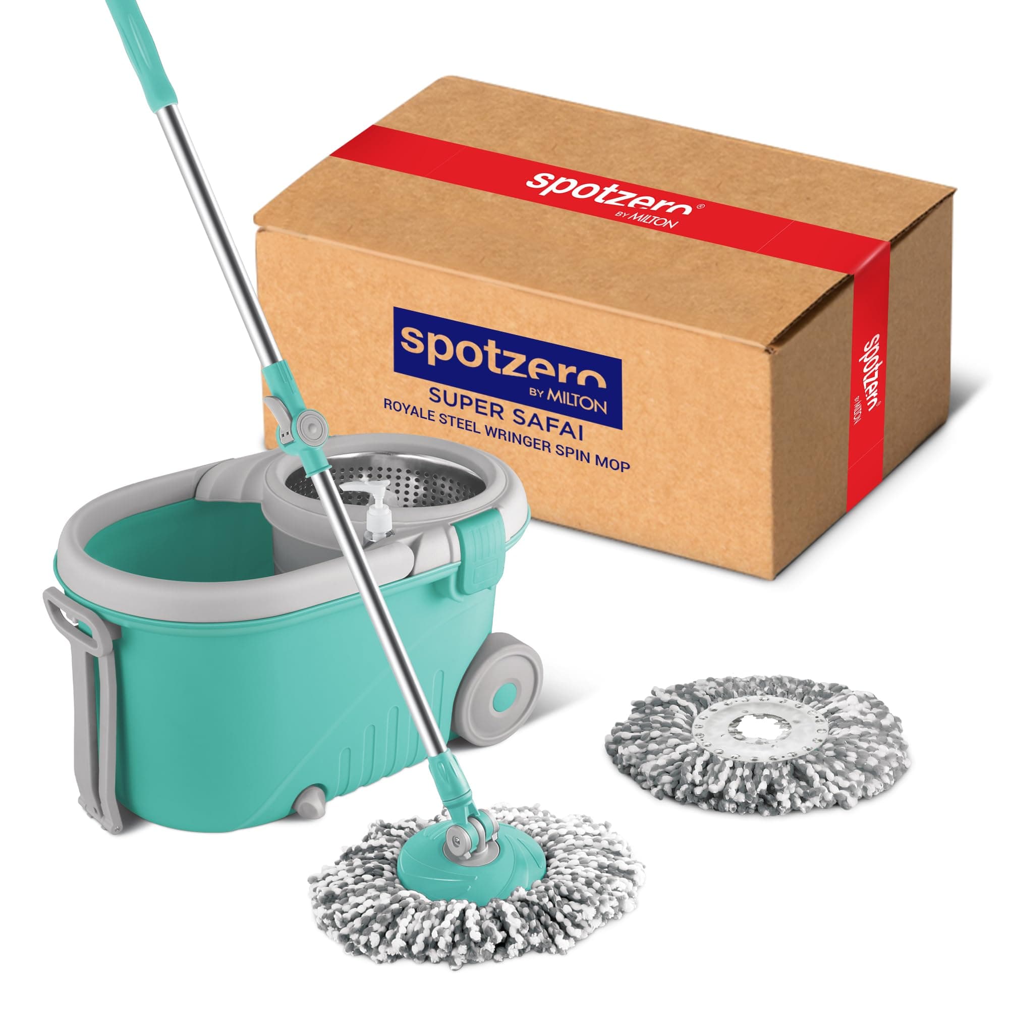 Royale Stainless Steel Wringer Spin Mop with Big Wheel and Puller Handle, Bucket Floor Cleaning and Mopping System 360° Flexible,2 Microfiber Refills, Big Size, Aqua Green