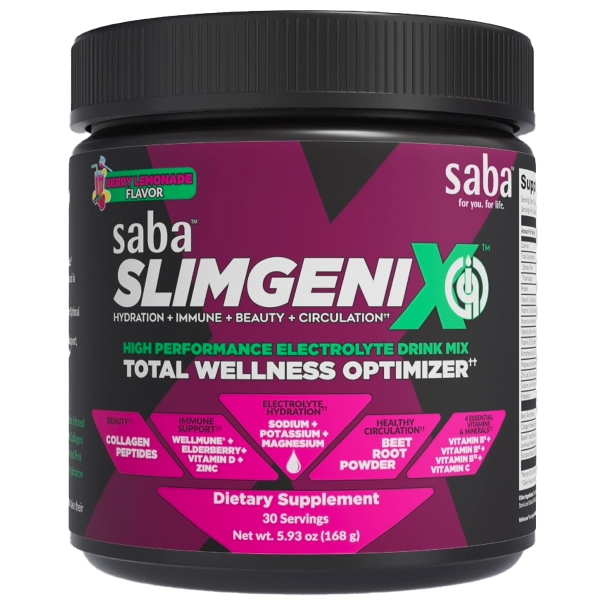 Saba SlimGenix IQ | 4-in-1 Optimizing Drink Mix | Berry Lemonade Flavor | Hydration + Immune Support + Circulation + Beauty | 30 Servings |