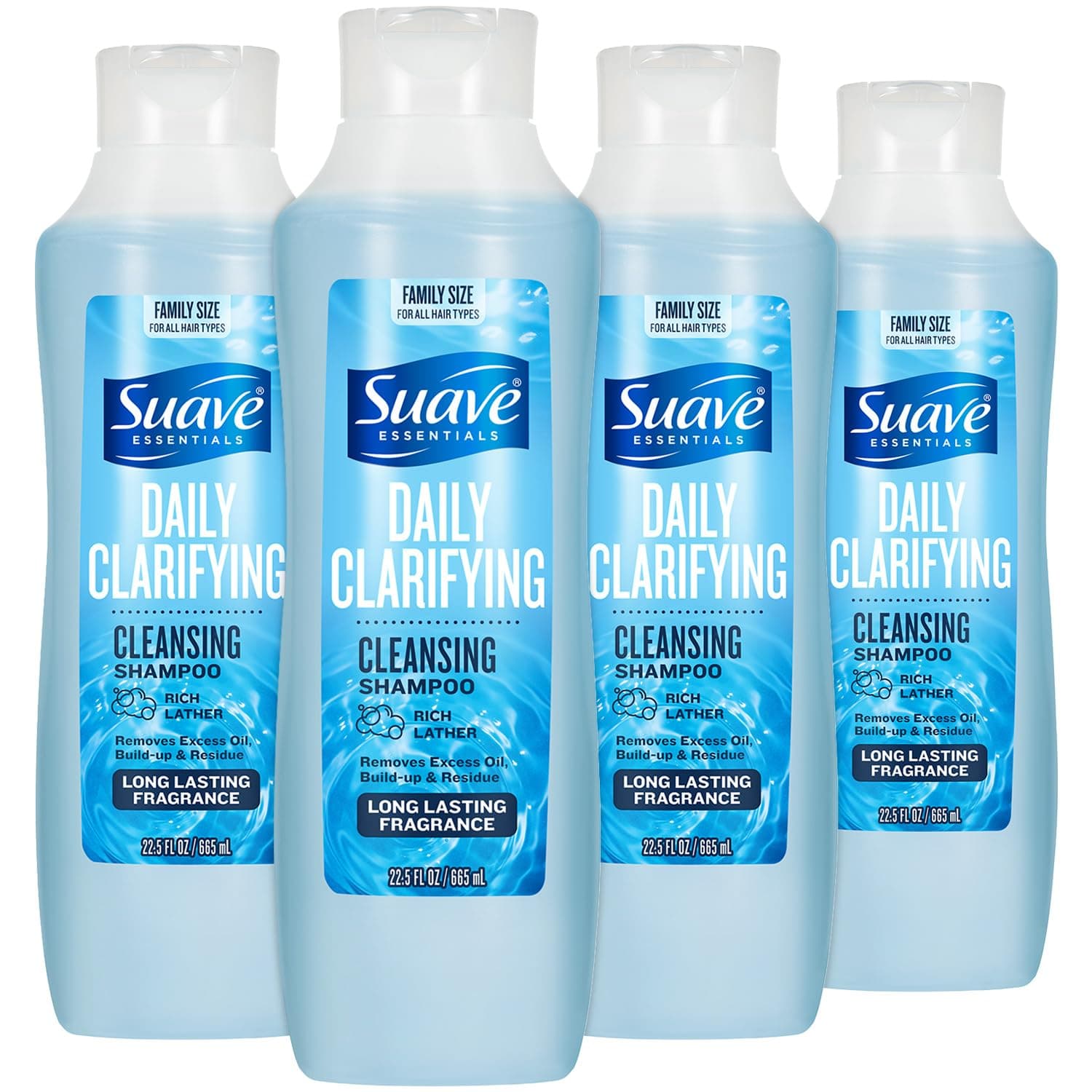 Suave Clarifying Shampoo, Family-Size 4-Pack – pH-Balanced & Hypoallergenic Daily Deep Cleansing Shampoo for Normal to Oily Hair, 22.5 Oz Ea