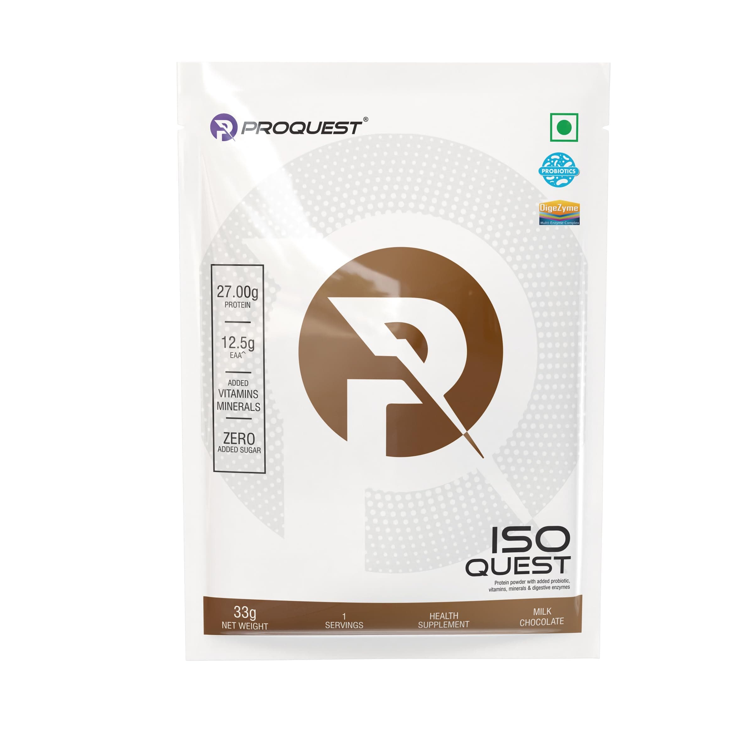 ProQuest Iso Quest Whey Protein Isolate (Milk Chocolate, 33g / Single Serving Sachet) | 27g Protein Per Scoop | Low Fat & 12.5g EAA | Lab Tested & Easily Digestive | Faster Muscle Support & Recovery
