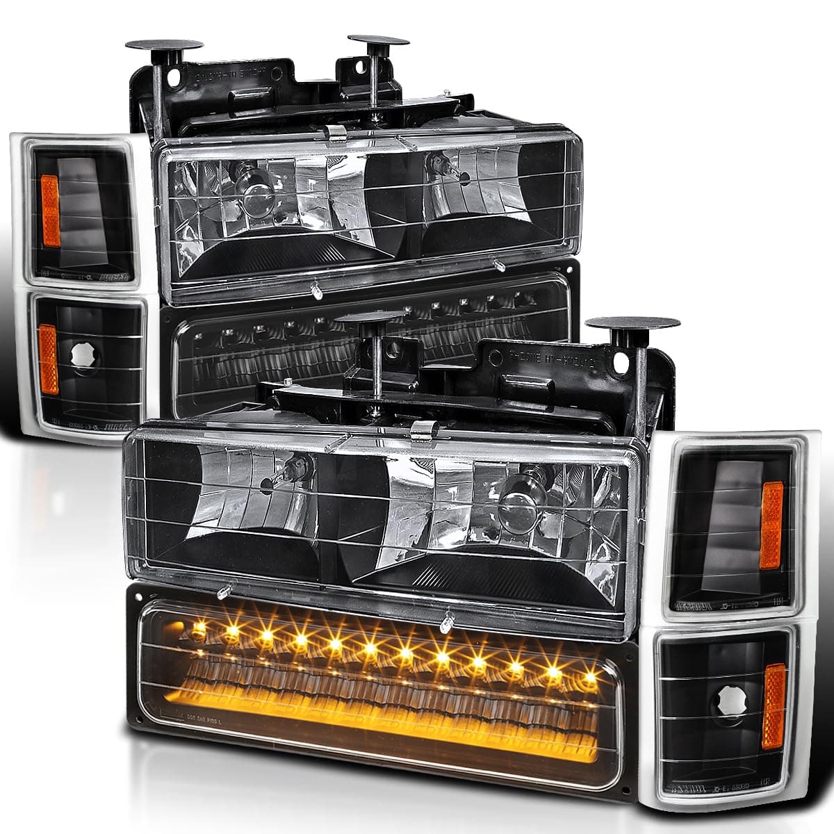 SPEC-D TUNING Black Headlights + LED Bumper Lamps + Corner Lights Compatible with 1994-1998 Chevy Chevrolet C/K Tahoe Suburban Left + Right Pair Headlight Assembly