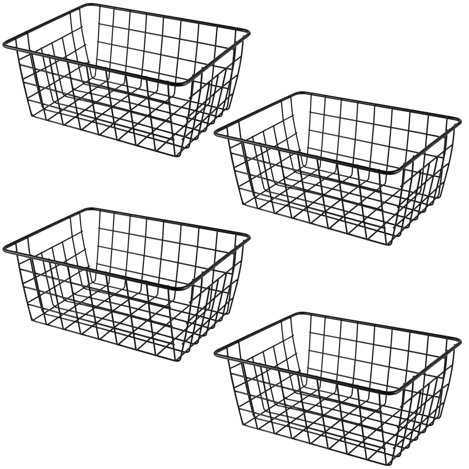 4 Pack 28x22x12 cm Black Wire Storage Baskets, Metal Iron Storage Bin, Wire Freezer Organizer Bin, Small Pantry Baskets for Food, Snacks, Drinks, Fruits