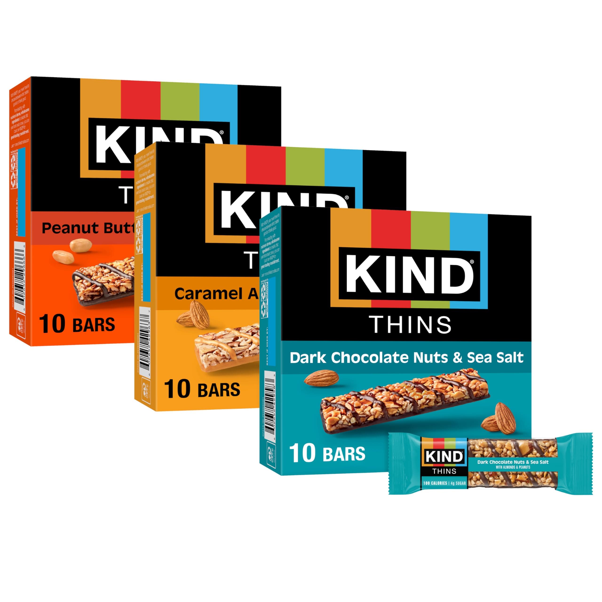 KIND Thins Snack Bar, Variety Pack, Dark Chocolate Nuts & Sea Salt, Caramel N...