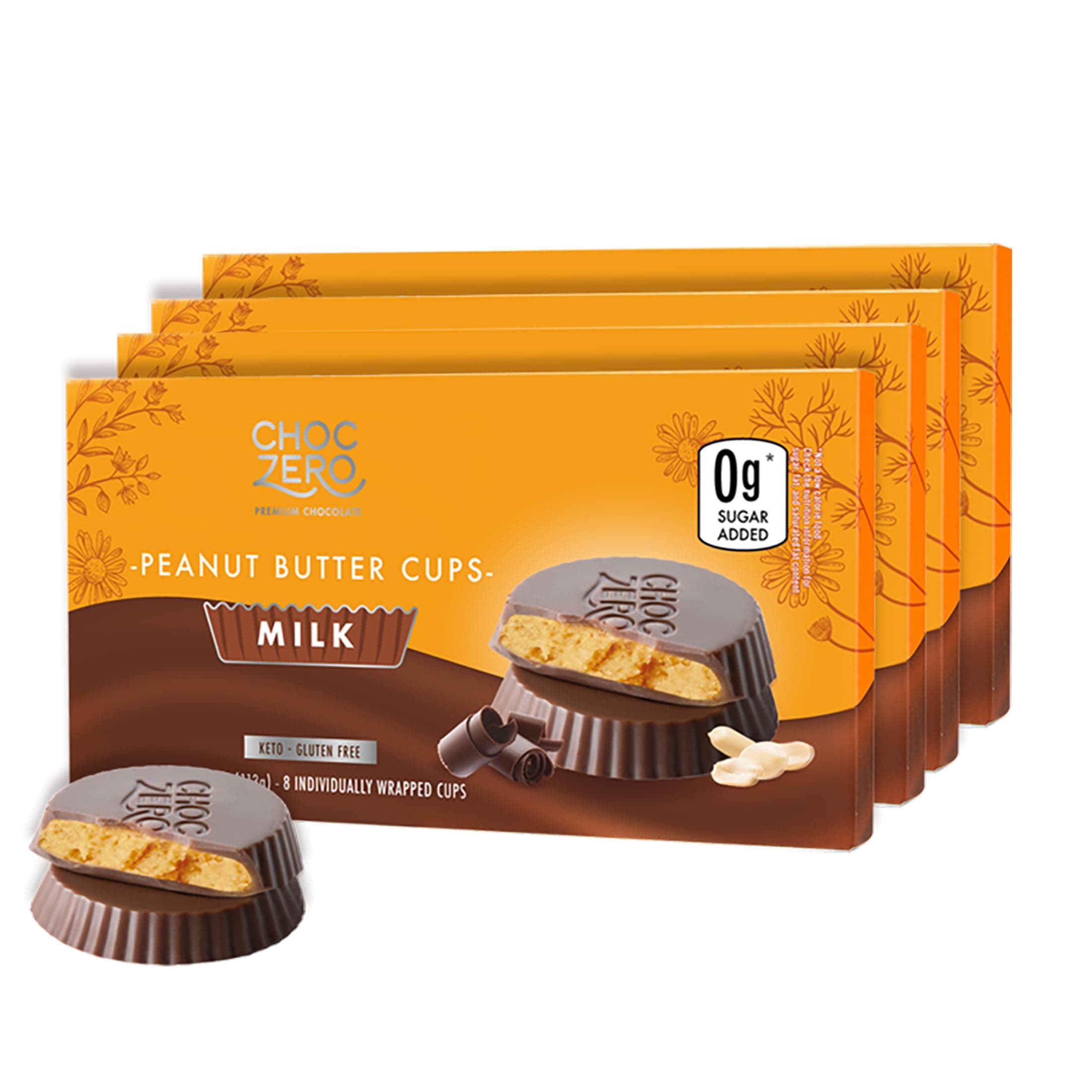 Milk Chocolate Peanut Butter Cups, No Added Sugar, Low Carb Snack, High Fiber, Keto Friendly, 32 Total Cups (4 Ounce, Pack of 4)