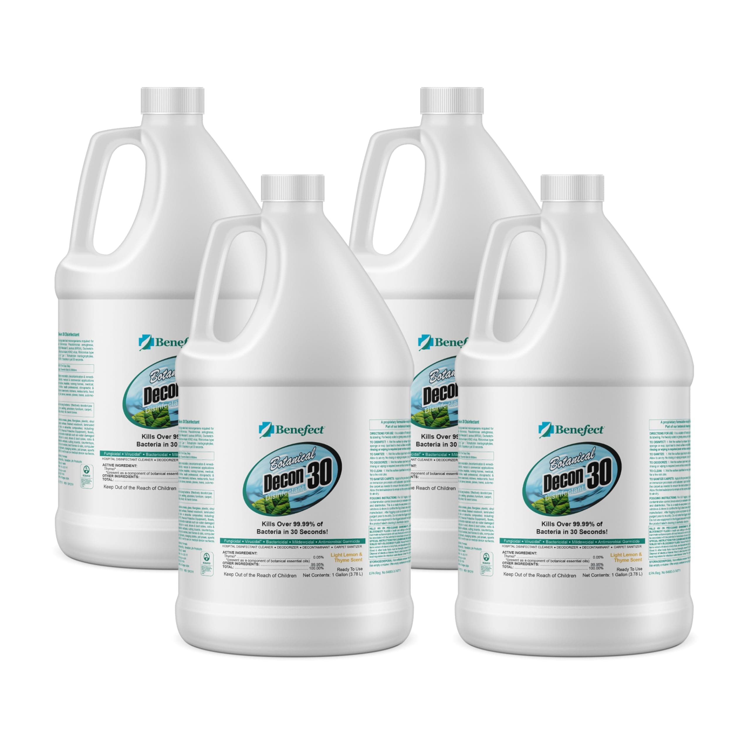 Benefect Botanical Decon 30 Disinfectant Cleaner - All Natural Formula for Effective Cleaning Power - Ideal for Restoration Jobs & Water Damage - 4 Gallons (4 Pack of 1-Gallons)