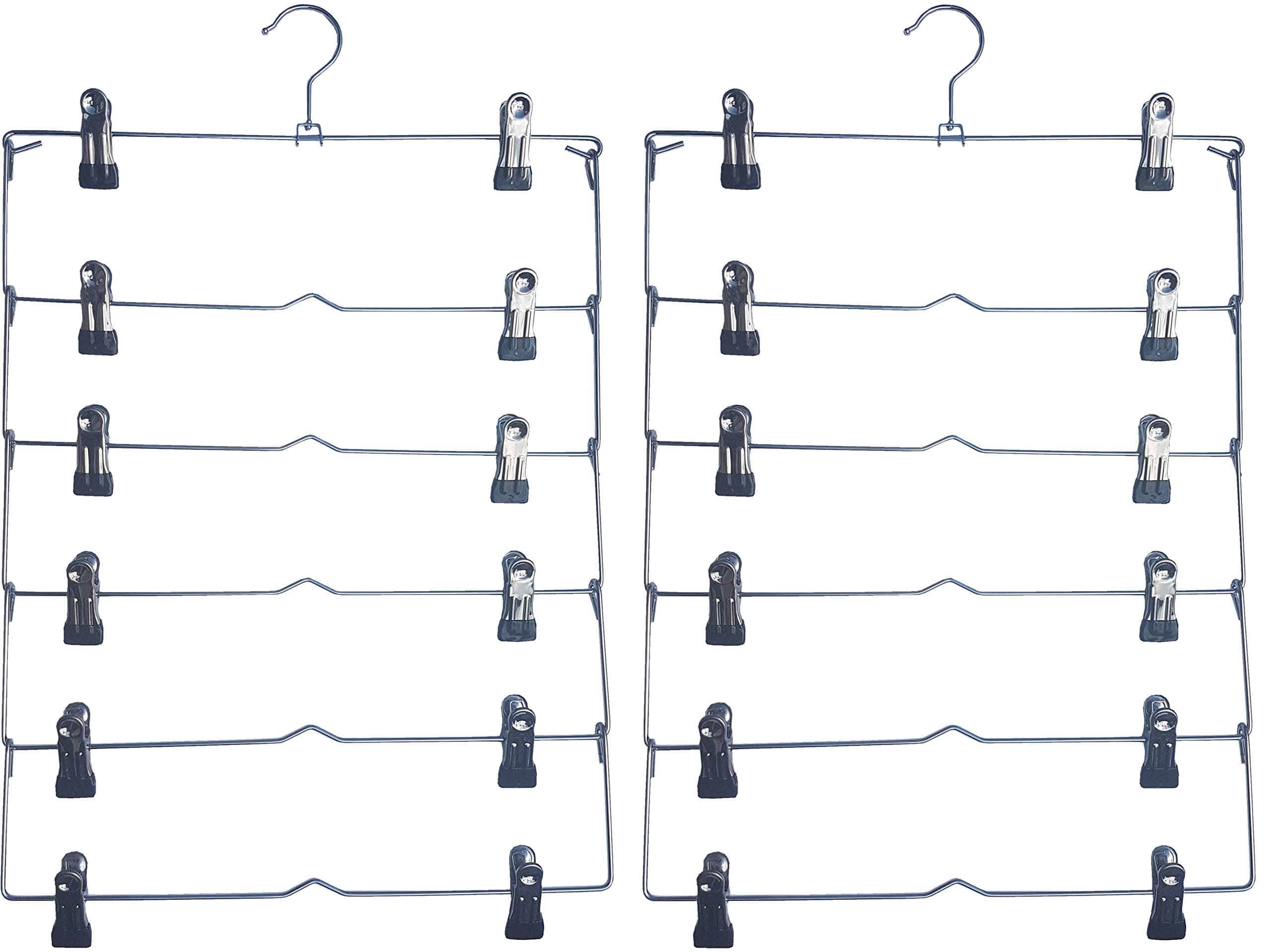 Neusu Heavy Duty Space Saving Hangers With Clips For Trouser & Skirts - 6 Layers, 3.5mm 20% Stronger Metal - Folding Metal Clothes Hangers For Wardrobes - Pack of 2