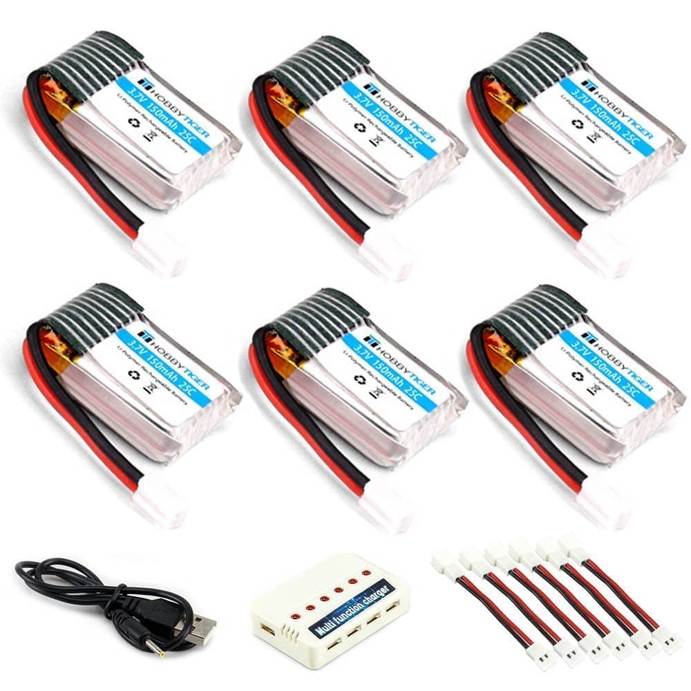 6-Pack 3.7V 150mAh Battery with 6-in-1 Charger for Eachine E010 JJRC H36 Mini UFO Quadcopter Drone (Black)