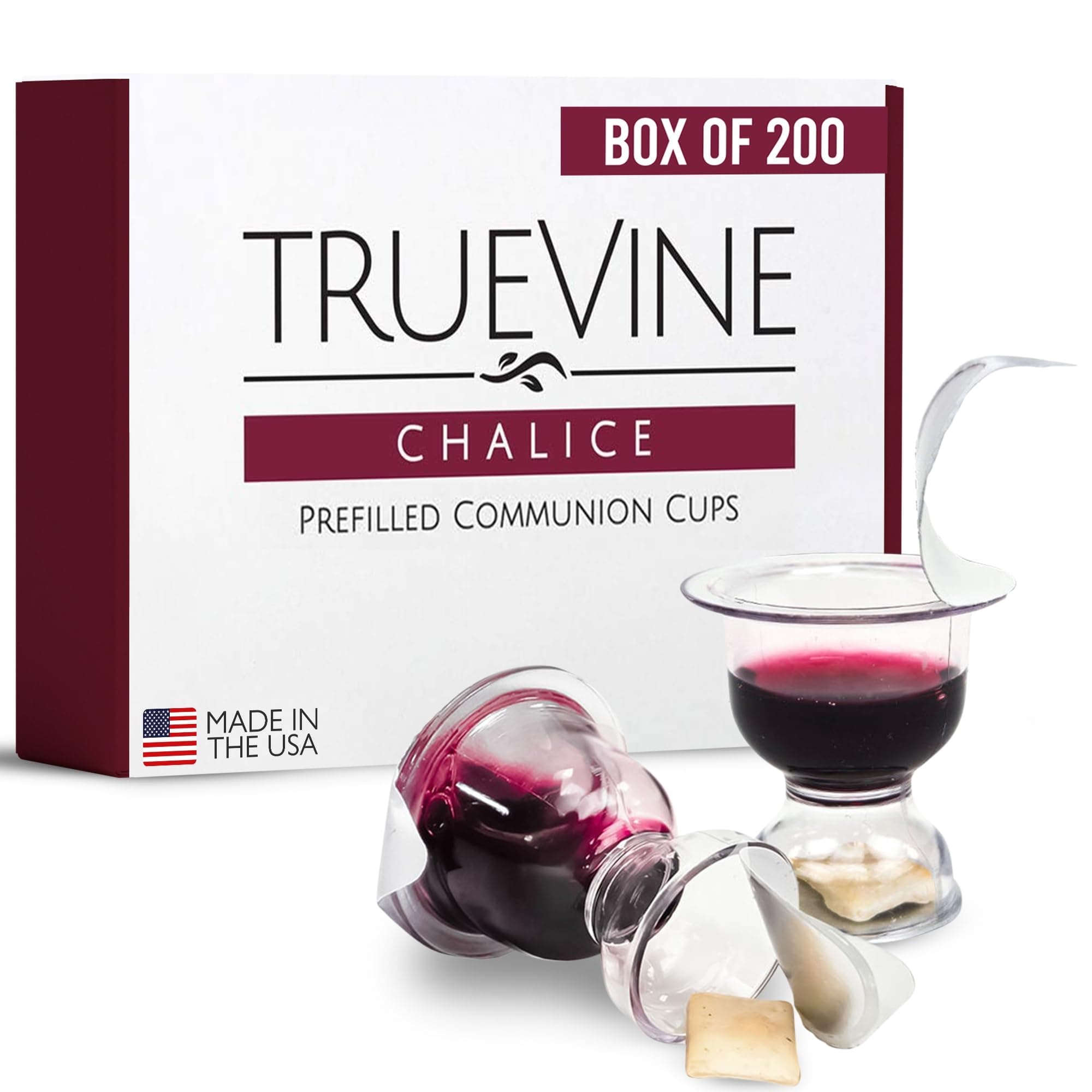 TrueVine Chalice Communion Cups and Wafer Set - Prefilled Cups w/ Fresh Unleavened Bread & Grape Juice - Carefully Packaged & Easy to Open Elements for your Church Services, Fits in Trays (200 Count)