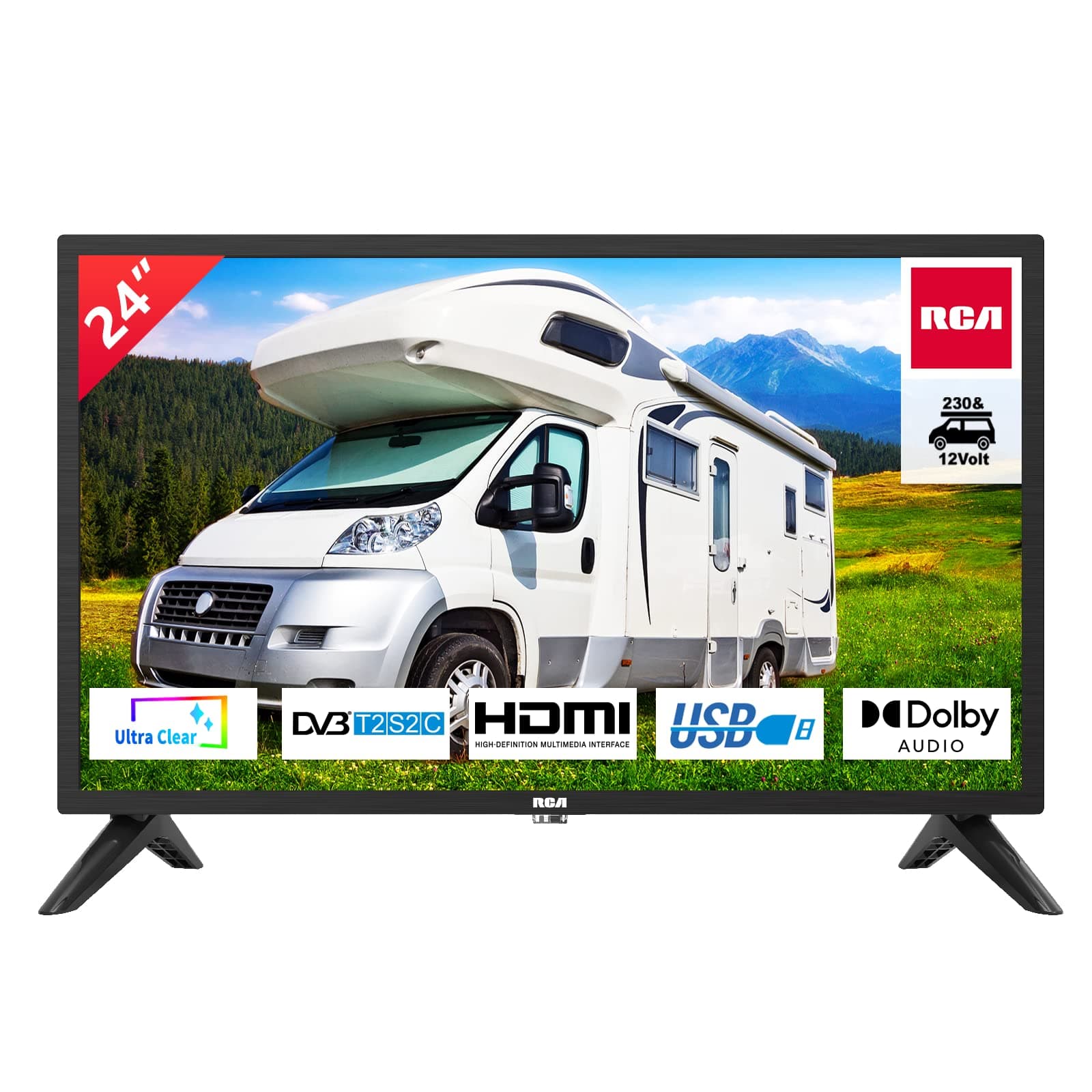 RCA RB24H2CU 12 Volt 24" inch HD TV, DVB-T/T2/C/S/S2 Dolby Digital Audio Caravans TV, HD LED Backlighting Display, HDMI VGA PC Audio SCART USB Travel TV, Small TV for Motorhome and Campervan, Black