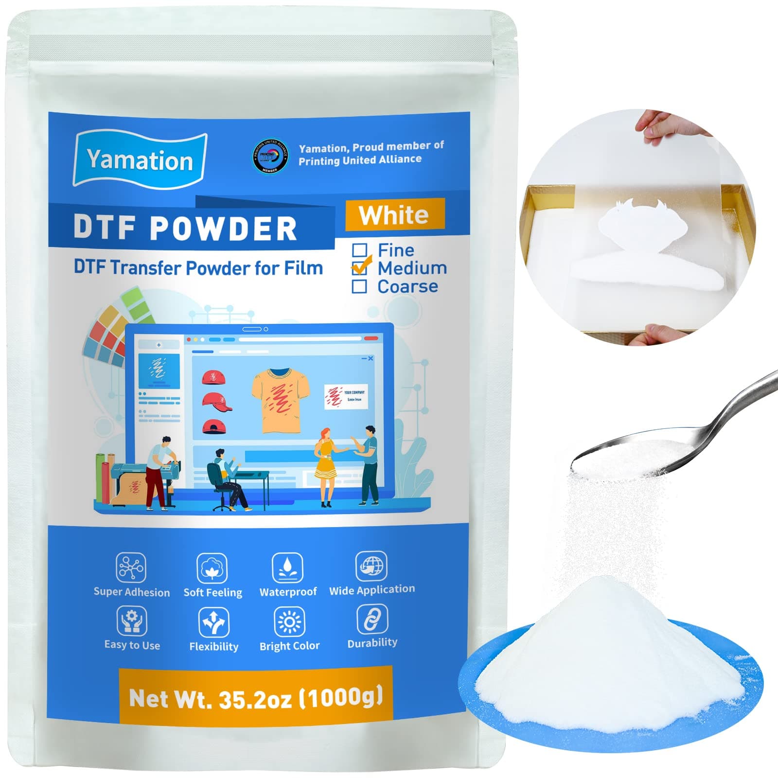 DTF Powder Adhesive White 35.2OZ/ 2.2lb DTF Transfer Powder Hot Melt Adhesive applies to All DTF Transfer Printers for Digital Prints on T-Shirts Textile DTF Supply with DTF PET Film and Ink