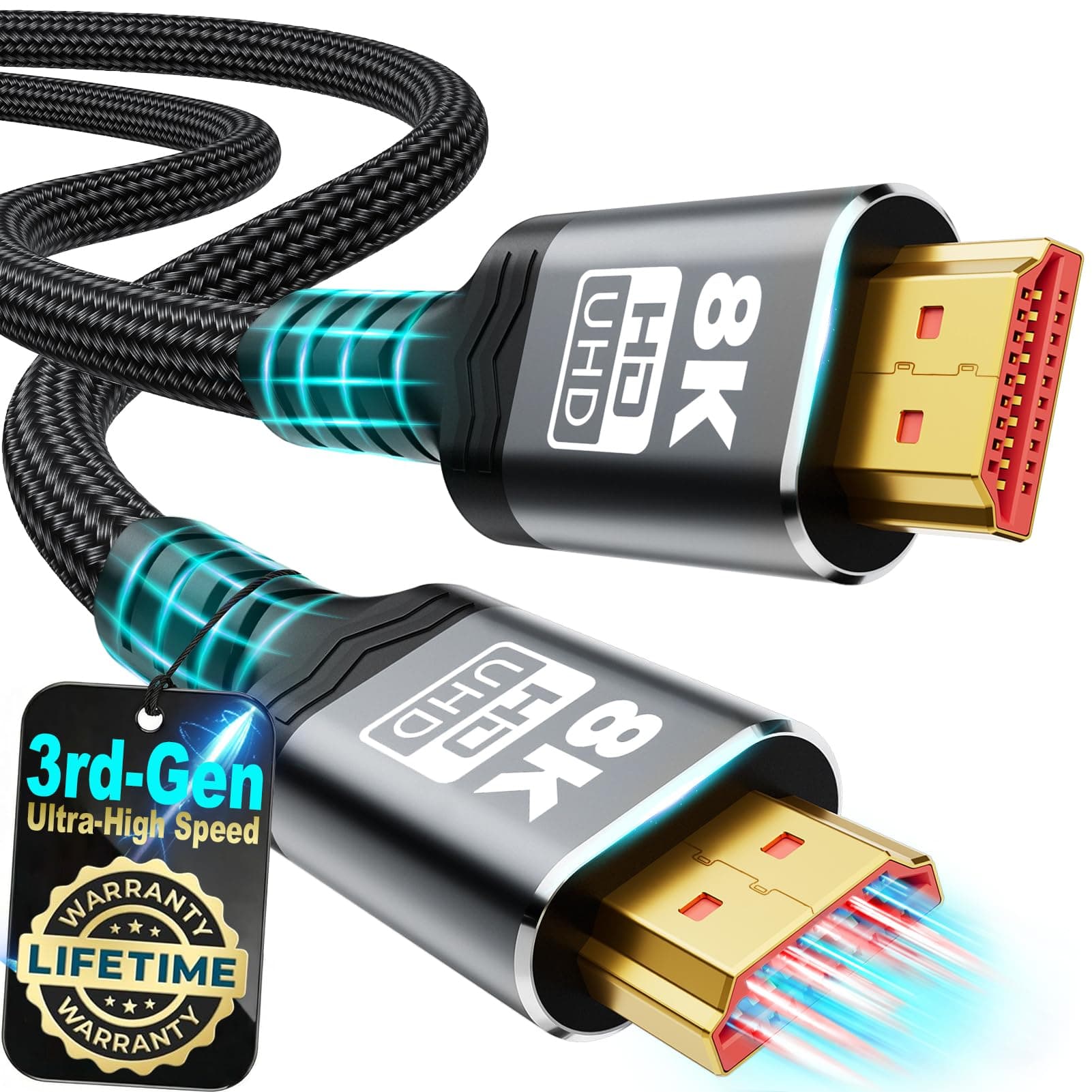 10K 8K HDMI Cable 2.1, Available 1.5FT, 3.3FT, 5FT, 6.6FT, 10FT, 13FT, 16FT, 20FT, 25FT Lengths for Selection,Ultra High Speed HDMI Cable Braided Cord 48Gbps, 8K@60Hz /4K@120Hz (8K-1.5feet)