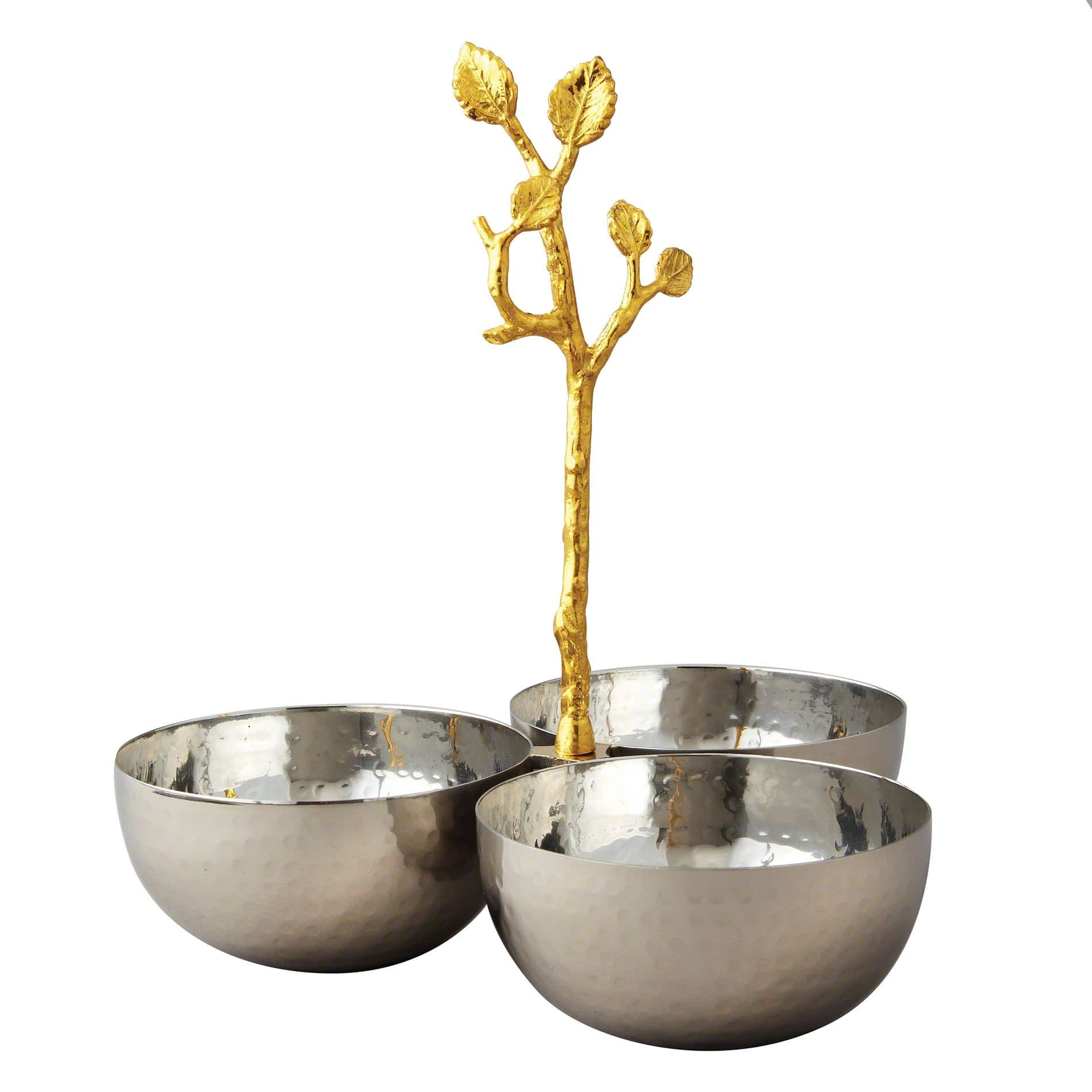 Elegance Golden Vine Hammered Triple Bowl, Silver/Gold