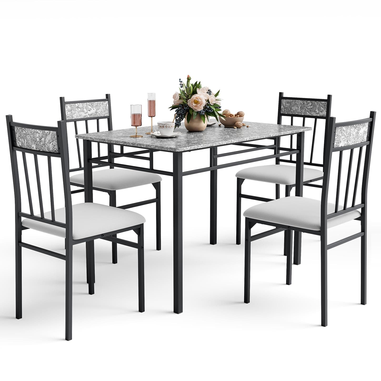 NAFORT 5 Piece Dining Table Set for 4, Faux Marble Kitchen Table and Chairs Set of 4, Vintage Rectangular Dining Room Table with Cushion Padded Seat, Metal and Wood Dining Set Kitchen Furniture, Grey