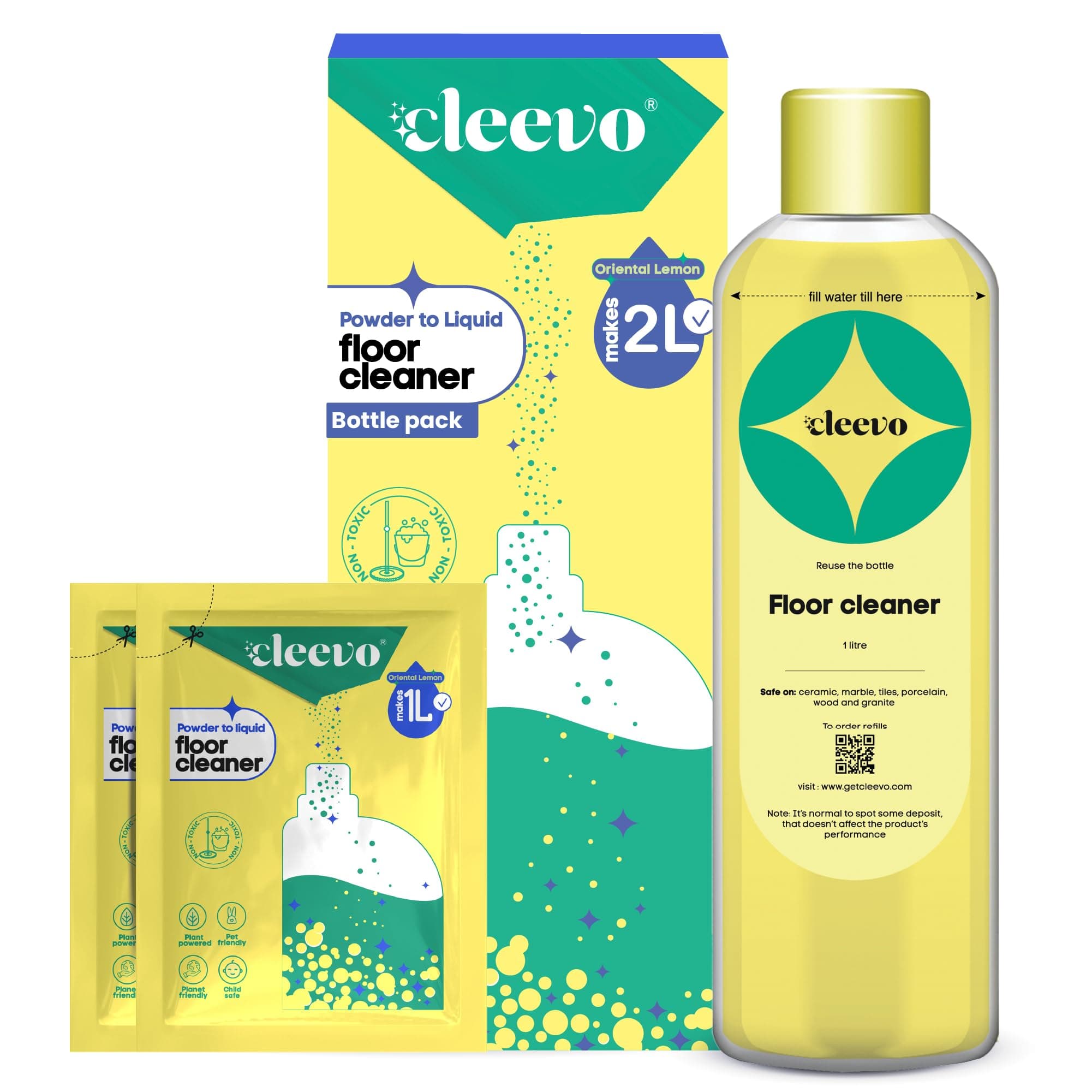 Cleevo Floor Cleaner Liquid (2L Bottle Pack) | 1 Pouch = 1L Natural Disinfectant Floor Cleaners for Mops | Chlorine-Free Surface Cleaner, Eco-Friendly All-Purpose Floor Cleaning Liquid (Zesty Lemon)