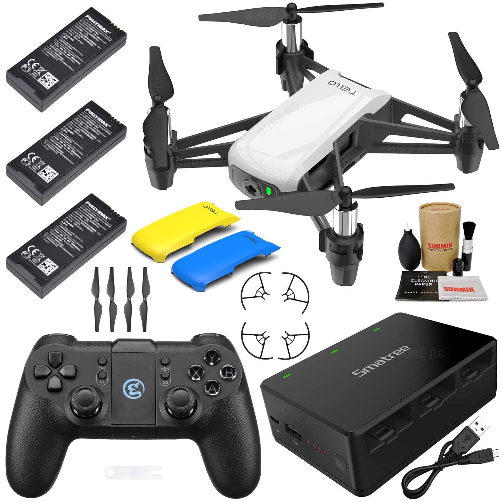 Tello Drone Quadcopter Executive Plus Combo with 3 Batteries, GameSir Remote Controller, Portable Charging Station, Yellow & Blue Snap-On Covers and More