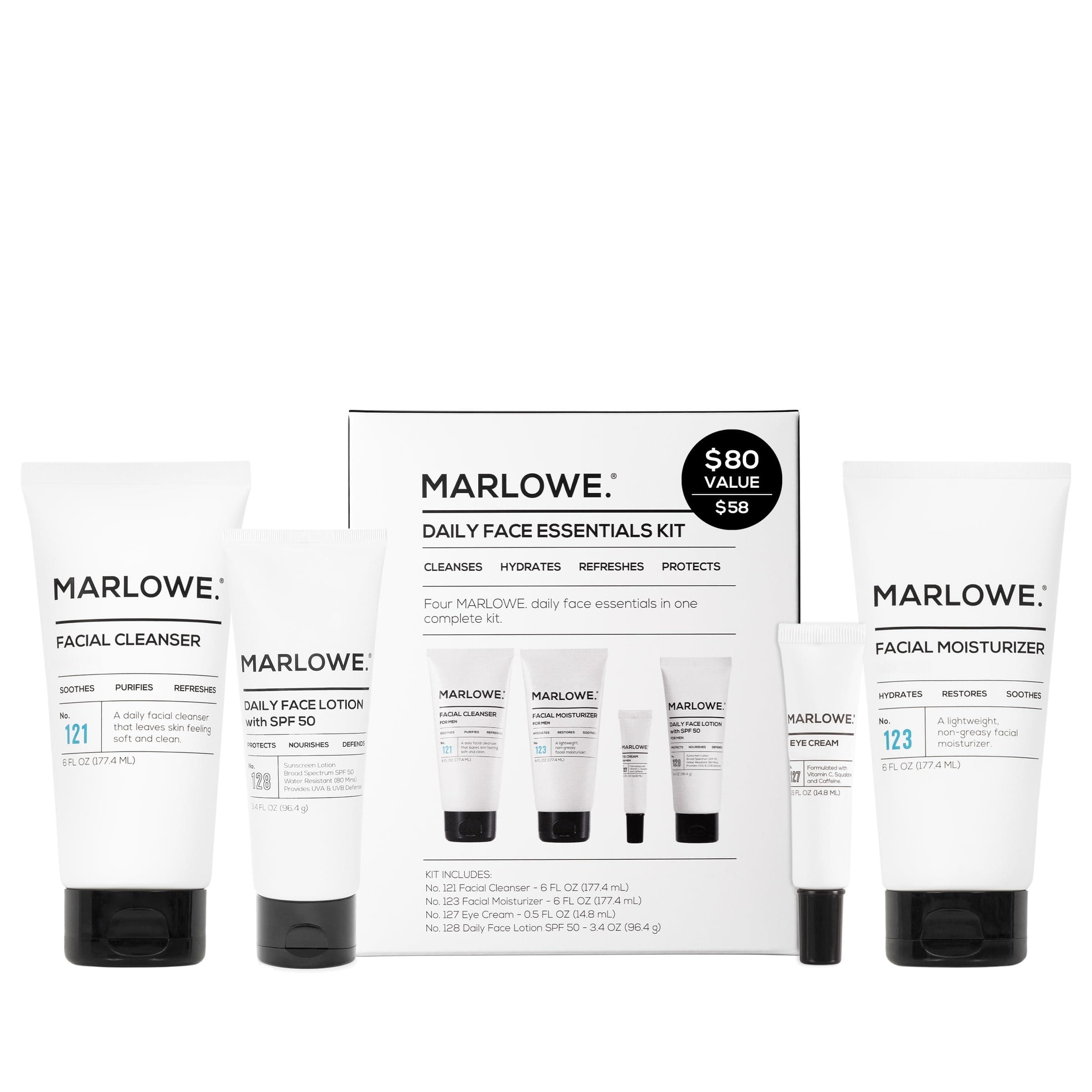 MARLOWE. Men's Skin Care Set, Daily Essential Face Kit, Purifying Facial Cleanser, Hydrating Facial Moisturizer, Revitalizing Eye Cream & Daily Face Lotion with SPF 50, Great Gift for Men, Vegan