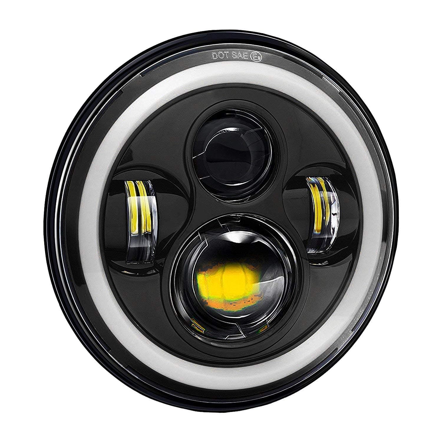 Thump 75W Round LED Harley Style Headlight with Full Ring Hi/Lo Beam and Halo Angel Eyes for Motorcycle Cars and Bikes (White, Amber Yellow, 7 Inch)