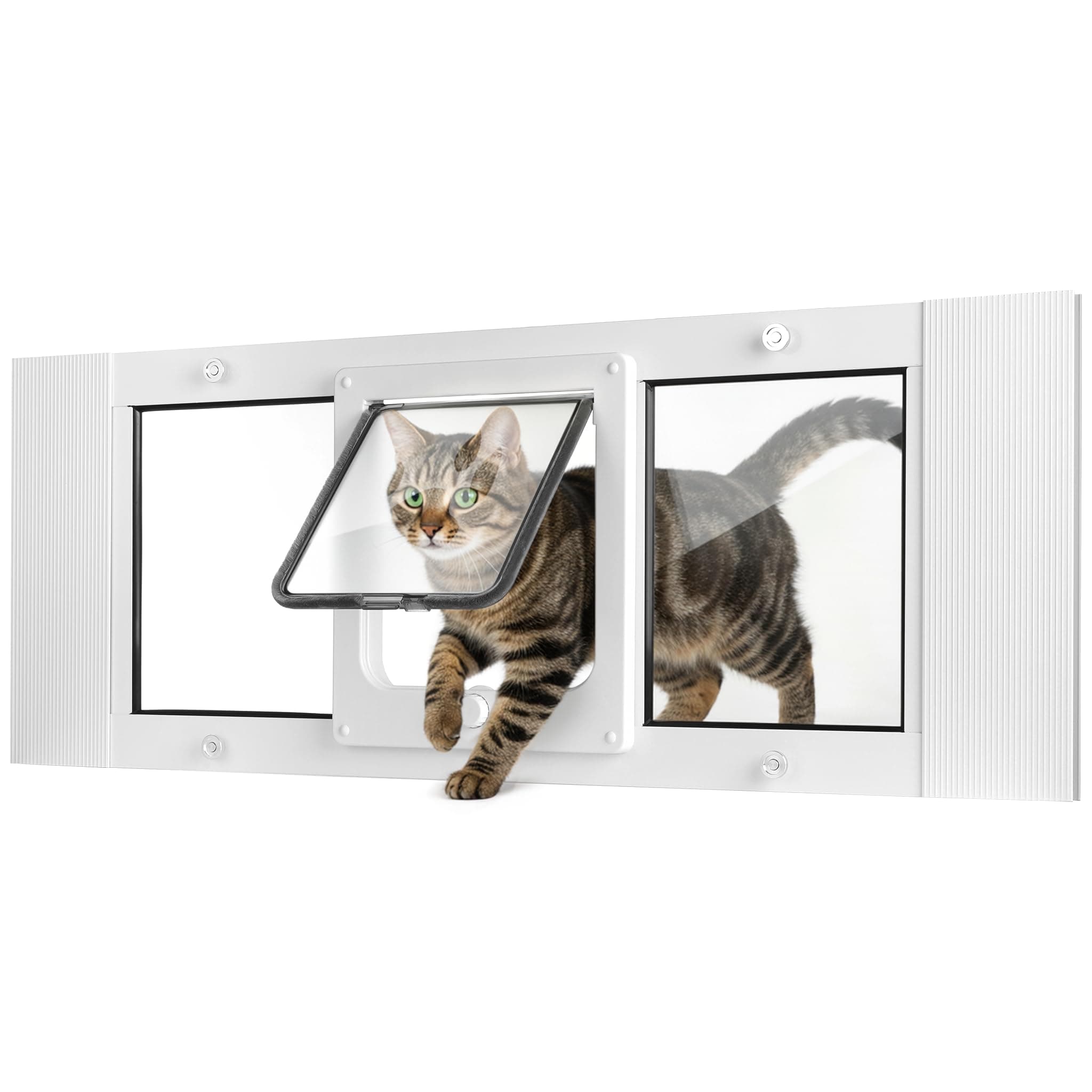 Slevoo Cat Door for Window, Adjustable Width of 32"-36" for Double-Hung Windows, 4 Secure Lock Modes and Tool-Free Install, Aluminum Frame and High-Transparency Glass Pet Door for Cats, Small Dogs