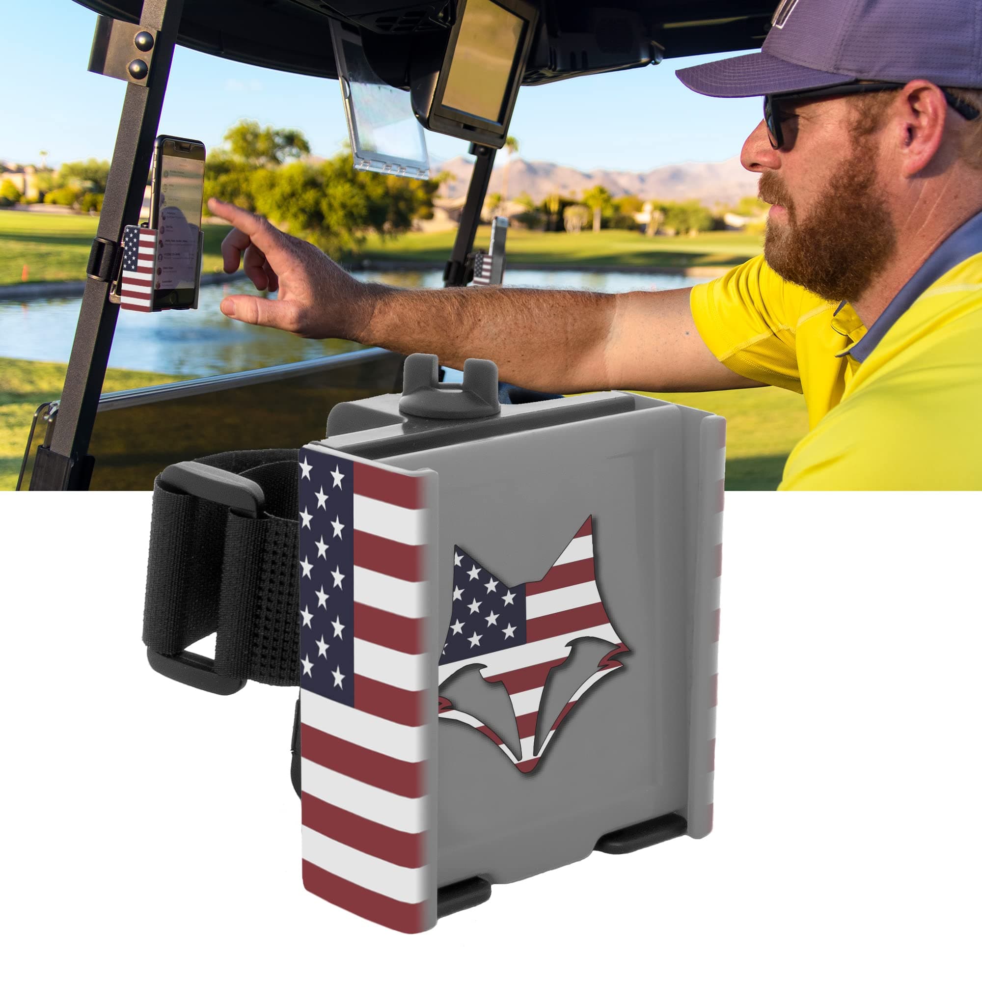 DESERT FOX GOLF Phone Caddy – Adjustable Golf Cart Phone Holder with Secure Strap for Hands-Free GPS & Golf Apps – Universal Fit - Patriotic Flag