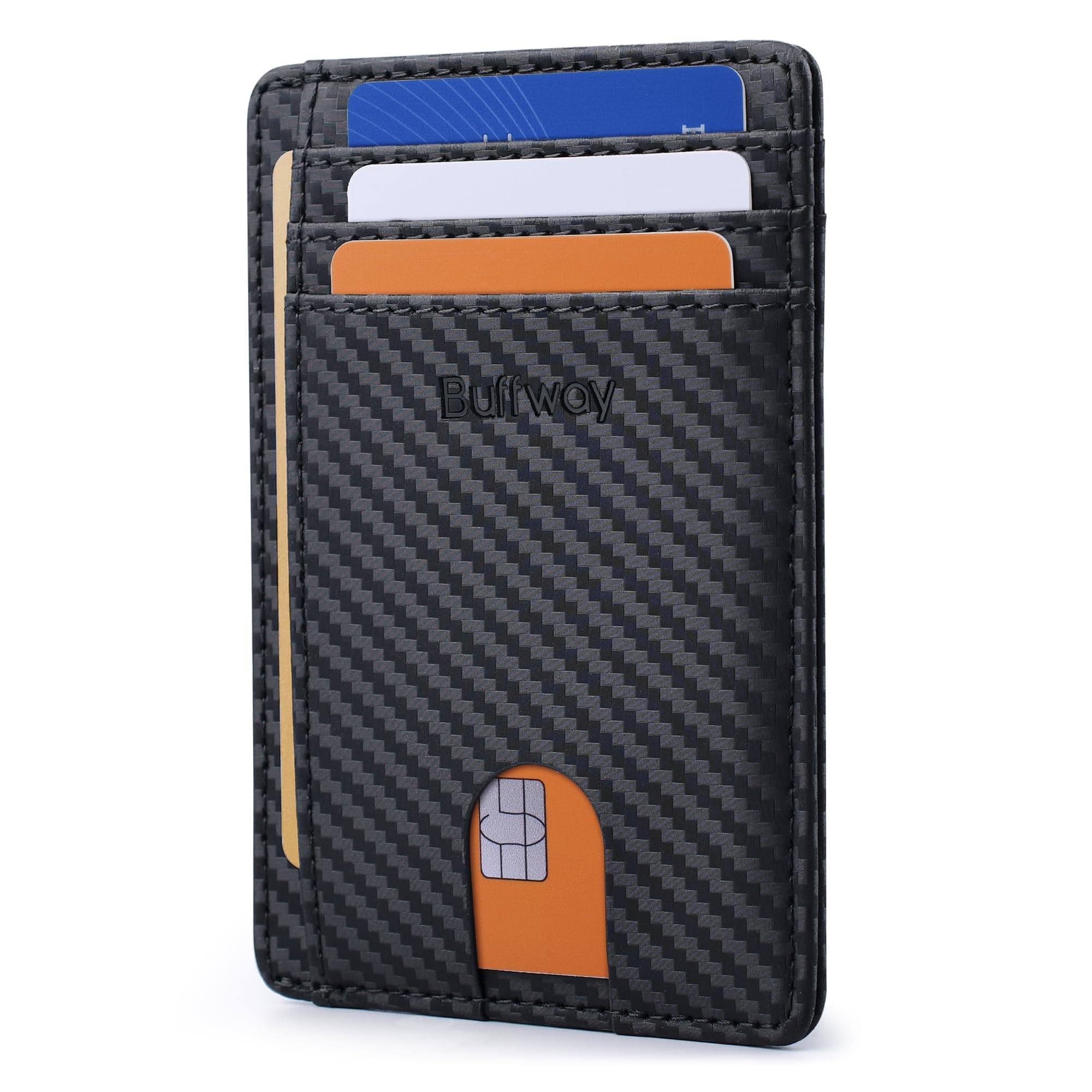 Buffway Slim Minimalist Front Pocket RFID Blocking Leather Wallets for Men and Women - Carbon Fiber Black