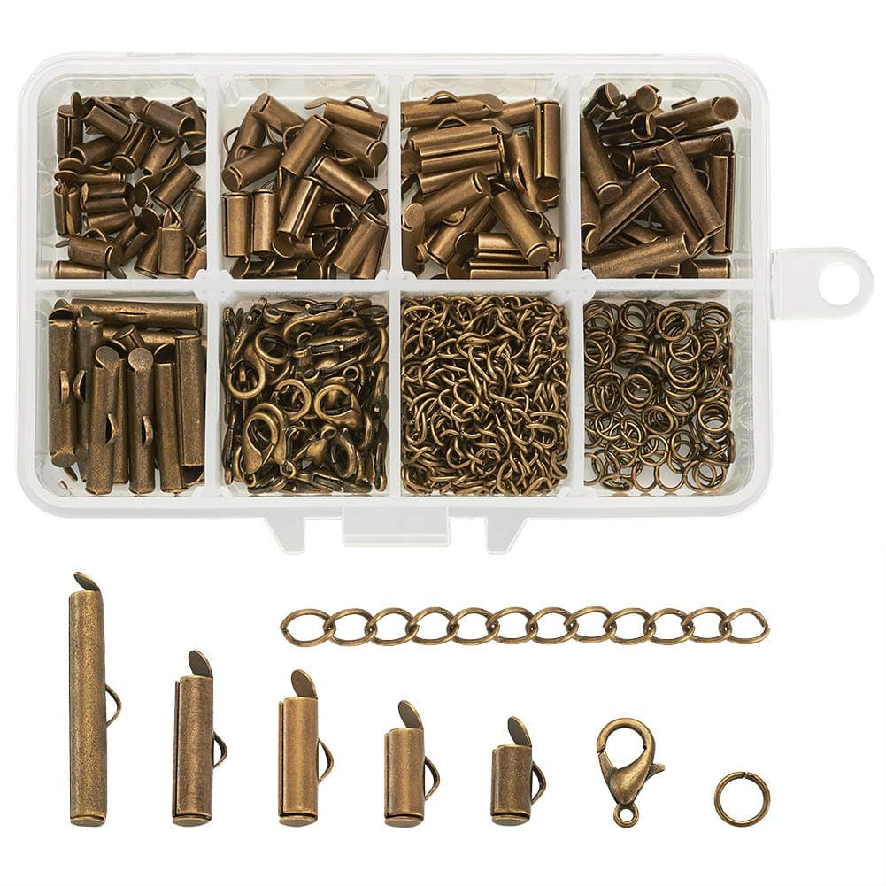 Beadthoven 1Box 5Sizes Antique Bronze Brass Slide On End Clasps with Alloy Lobster Claw Clasps & Iron Twist Extender Chains Jump Rings Cord Ends Finding for Jewelry Making 8mm/10mm/13mm/16mm/25mm