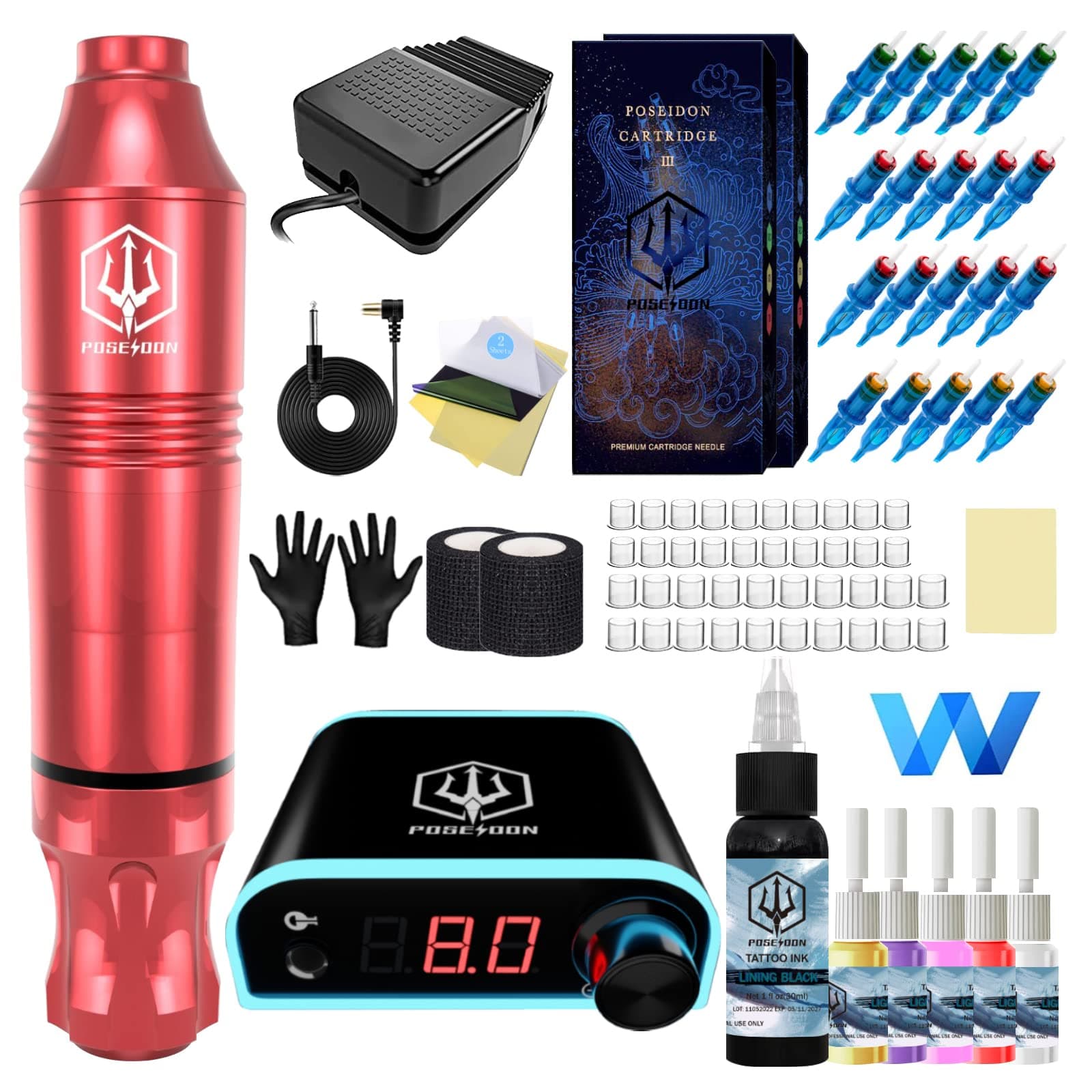 POSEIDON Rotary Tattoo Pen Kit for Beginners & Artists - Complete Tattoo Machine Set with Power Supply/20 Cartridge Needles/6 Ink Colors/Foot Pedal (TK019)