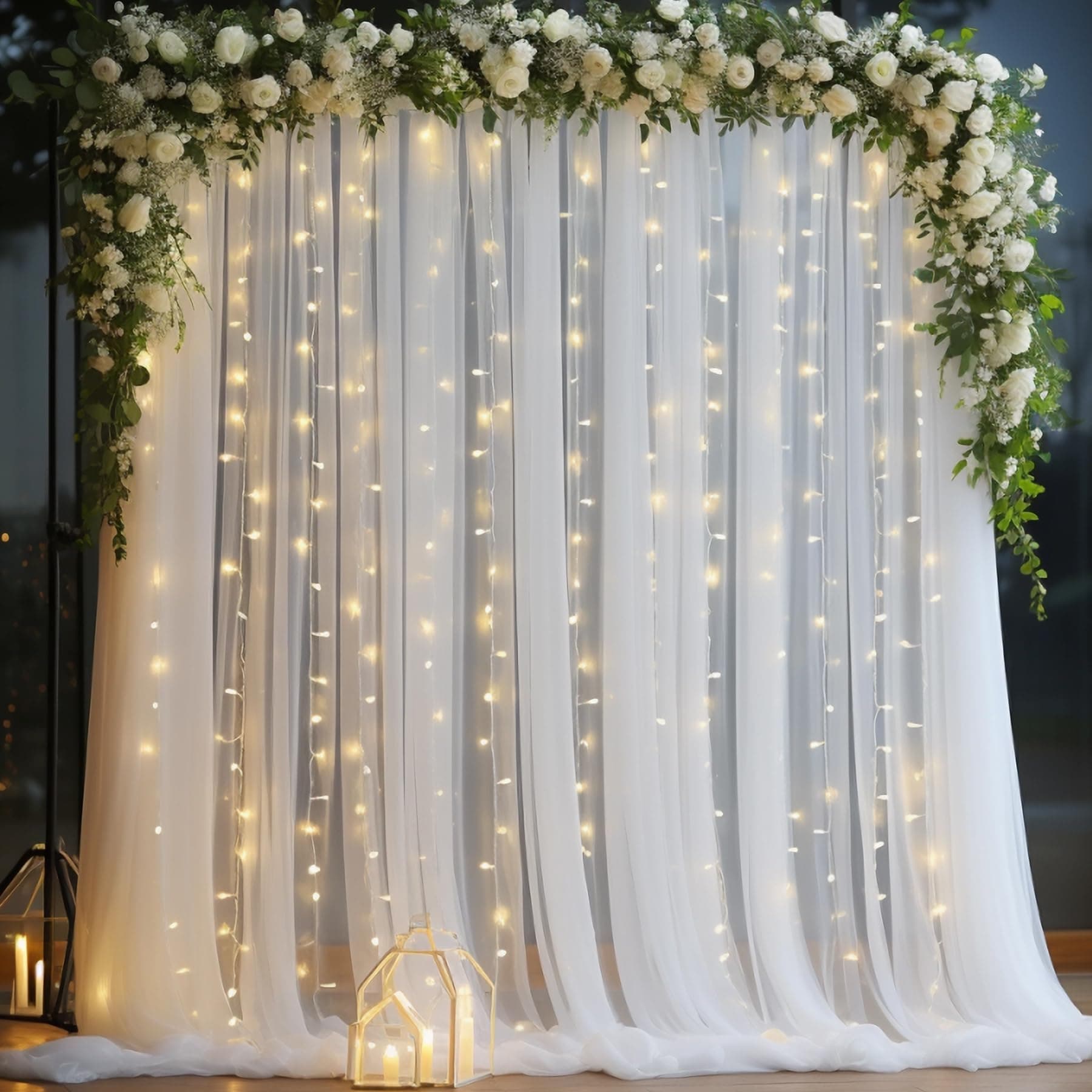 10x10ft White Tulle Backdrop Curtain with Lights String for Parites, Sheer Curtain Backdrop Drapes for Wedding Baby Shower Bridal Shower Birthday Party Photography Background Decoration