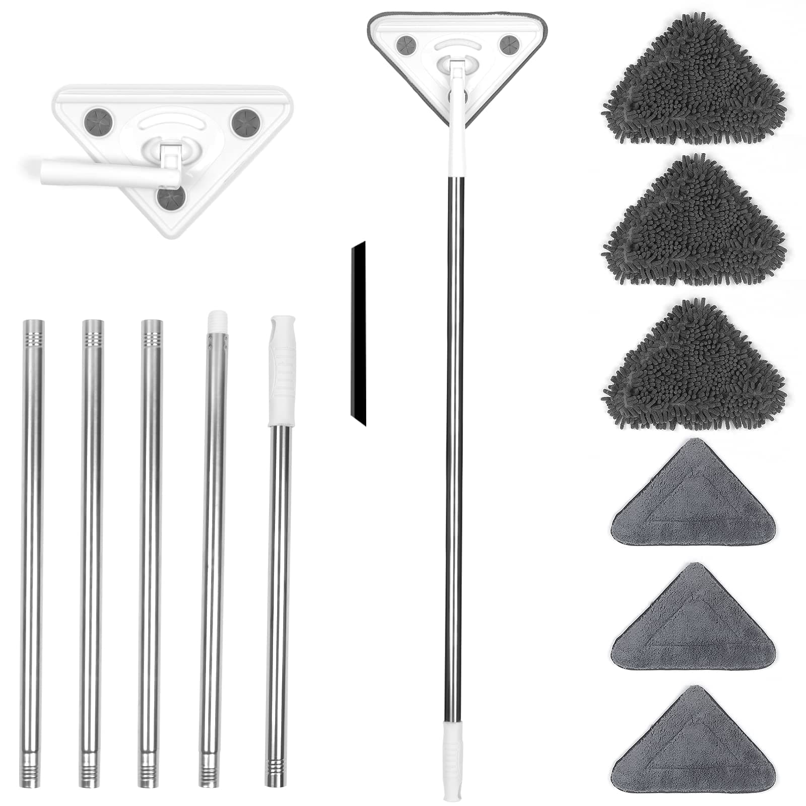 85 Inches Wall Mop Cleaner with Long Handle, Rotating Triangle Mop for Ceiling Washer, Window Duster Scrubber and Baseboard Cleaning Tools with Adjustable Extension Pole and 6 Replacement Pads
