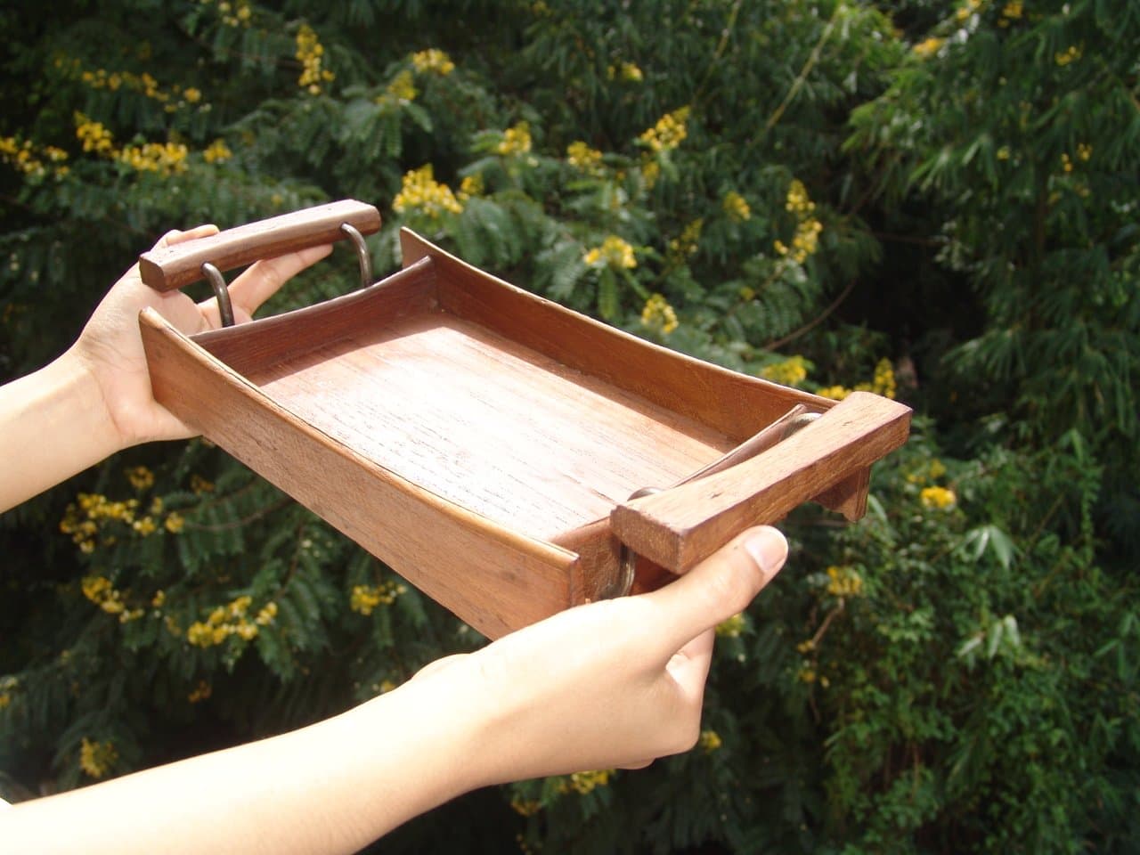 MIni TV Lap Tray for iPhone or Smart Phone. Gift, Artisan Made. Each one unique stressed Hardwood with Brass on Wood Handles. Watch Movies or YouTube hands free - Sturdy, Solid Construction - Bedside Tray- In lap on Lazy Boy Recliner - Great as outdoor serving Mini Tray - Use as Mini Tea Tray for Tea and Crumpets! Completely Assembled. Tropical Look. Use as organizer Mini Tray for accessories, kleenex, pen and paper, food, treats, snacks, drinks, chocolates all in one place. Small, designer look. Order a few - one for each person. Beat the frustration of finding things or having them roll off your lap.