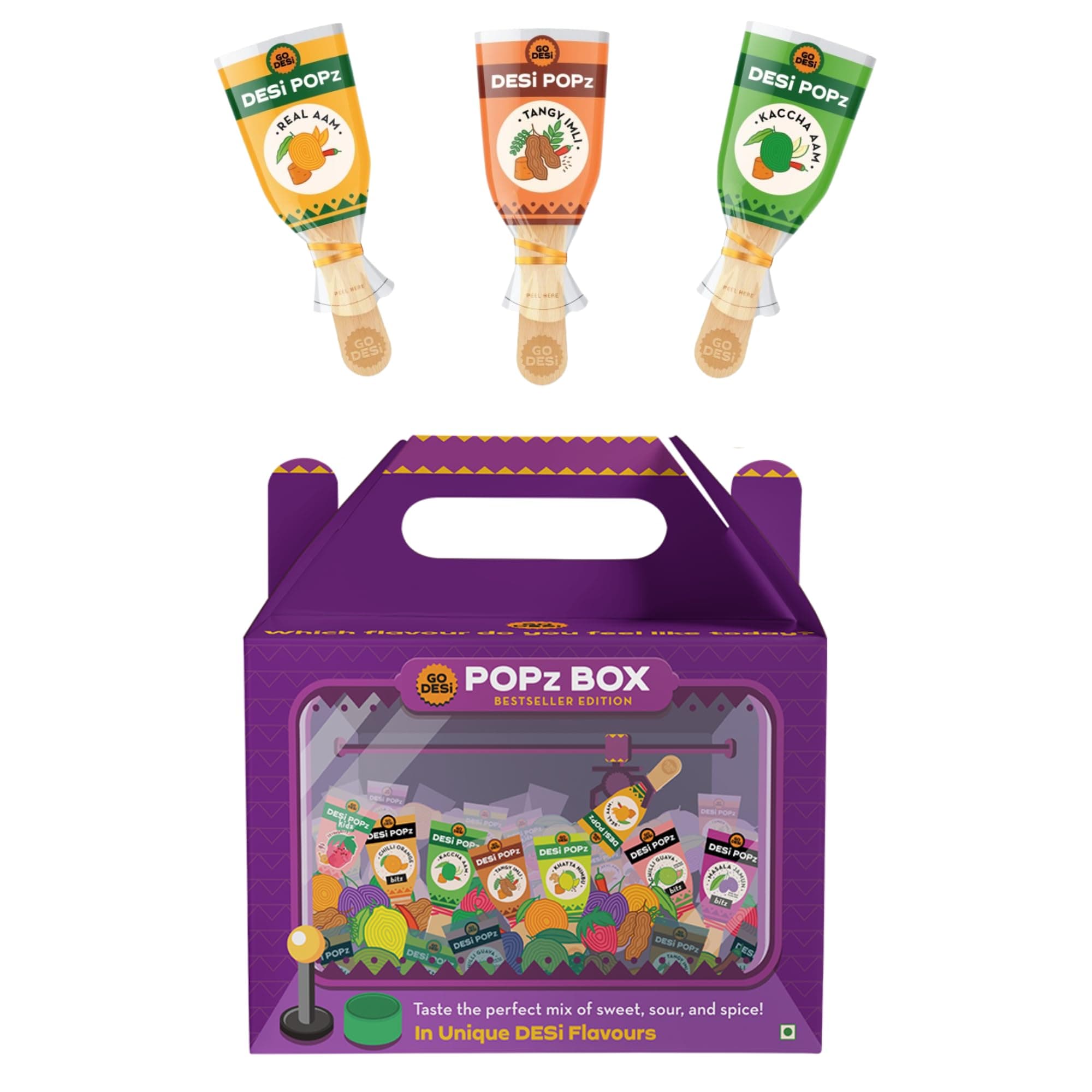 GO DESi Popz Trial Pack, Gourmet Gift Hamper, Assorted, Gift Box, Tangy Imli, Kaccha Aam, Real Aam, Candy