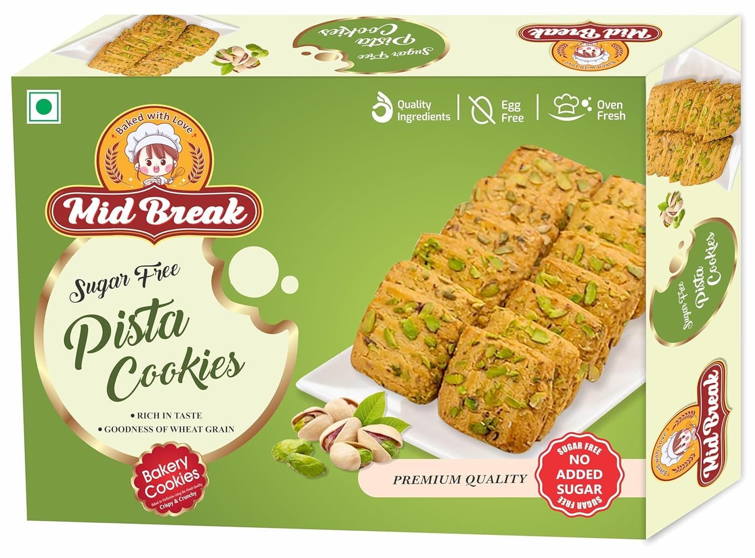 Midbreak No Added Sugar Pista Delight Biscuits - 300gm (Pack Of 3) | Cookies Infused With Rich Pistachios | Low GI, Gut-Friendly And High in Fiber - Your Healthier Snacking Choice! - Pack Of 1