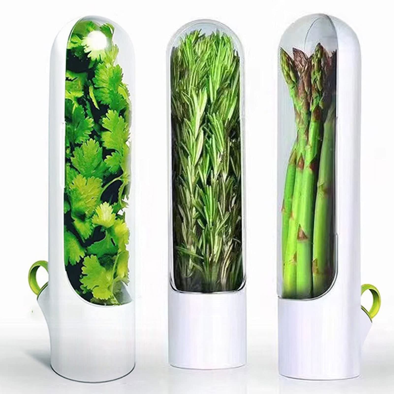 Herb Saver for Refrigerator, Herb Saver Pod, Vegetable Preservation Bottle, Fresh Herb Keeper for Cilantro, Mint, Parsley, Asparagus, Keeps Greens Fresh for 2-3 Weeks (3PCS)