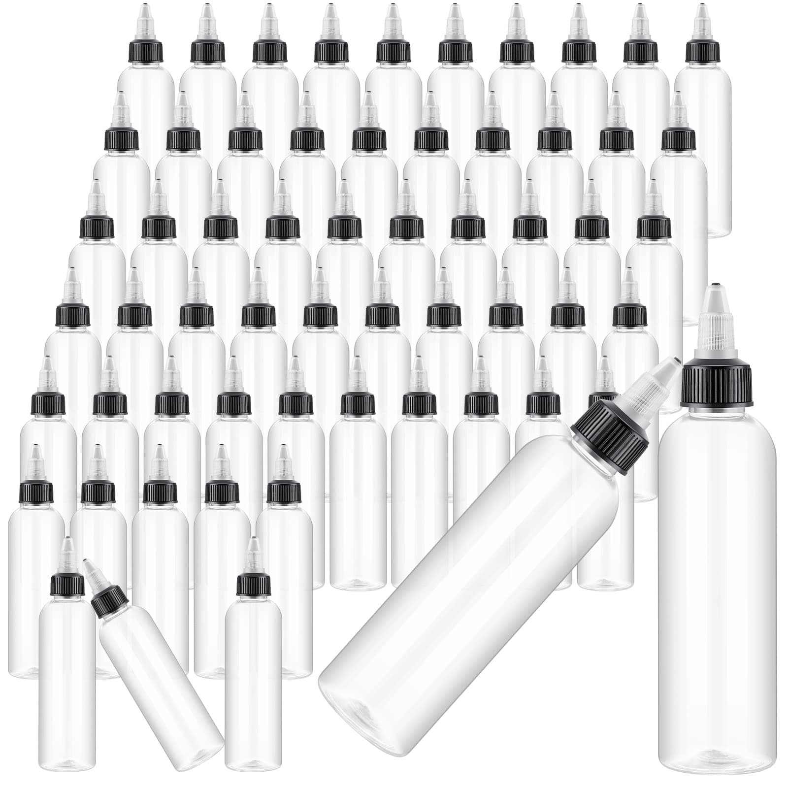 Irenare 100 Pcs 4 oz Plastic Squeeze Bottles Bulk Hair Oil Applicator Bottles Boston Empty Squeeze Condiment Bottle with Twist Top Cap Leak Proof for Liquids Oils Art Crafts Household Kitchen (Clear)