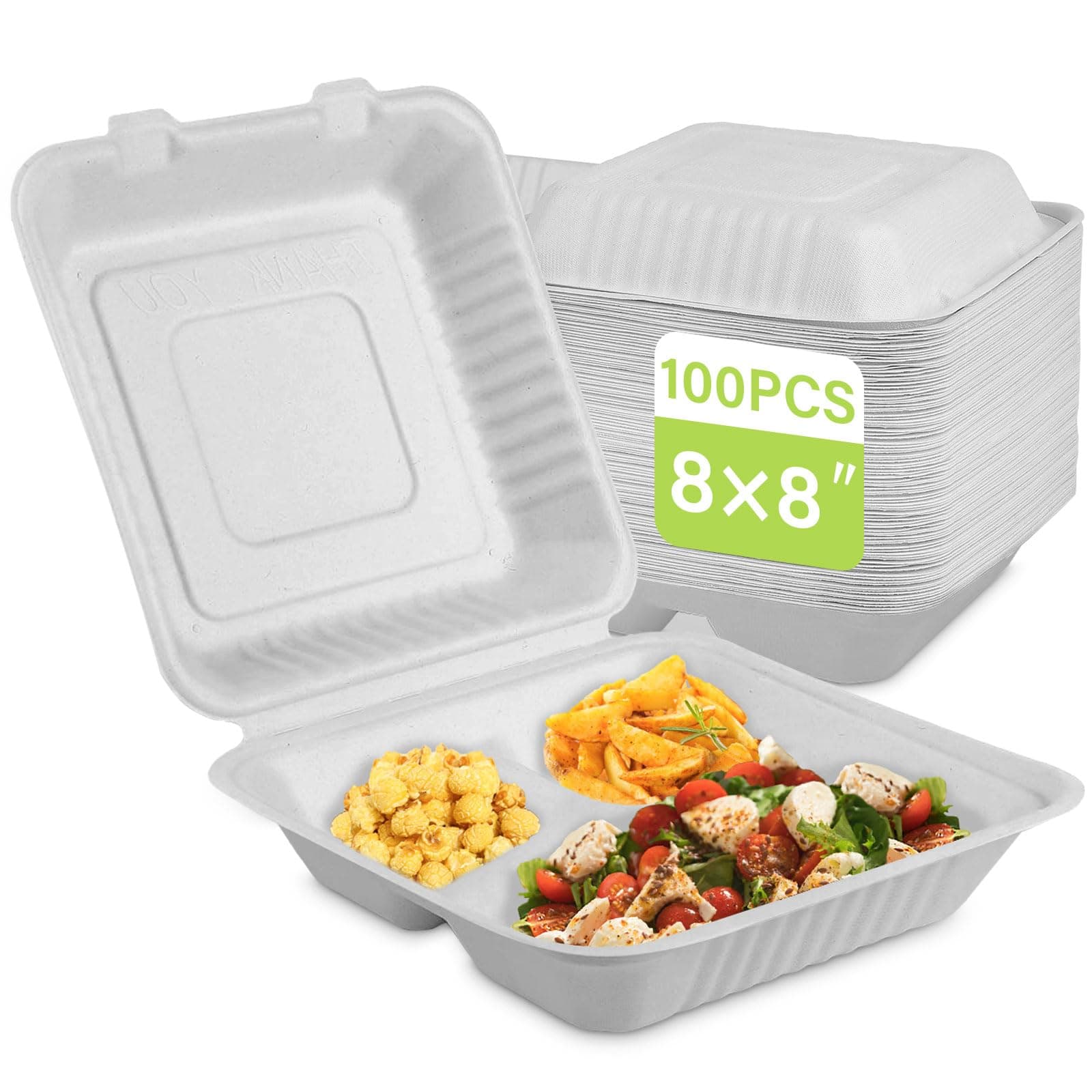 greensight Compostable Take Out Food Container 8X8, 100 Pack 3 Compartment Clamshell Food Container, Disposable To Go Food Boxes, Biodegradable Food Containers Made of White Sugar Cane Fibers